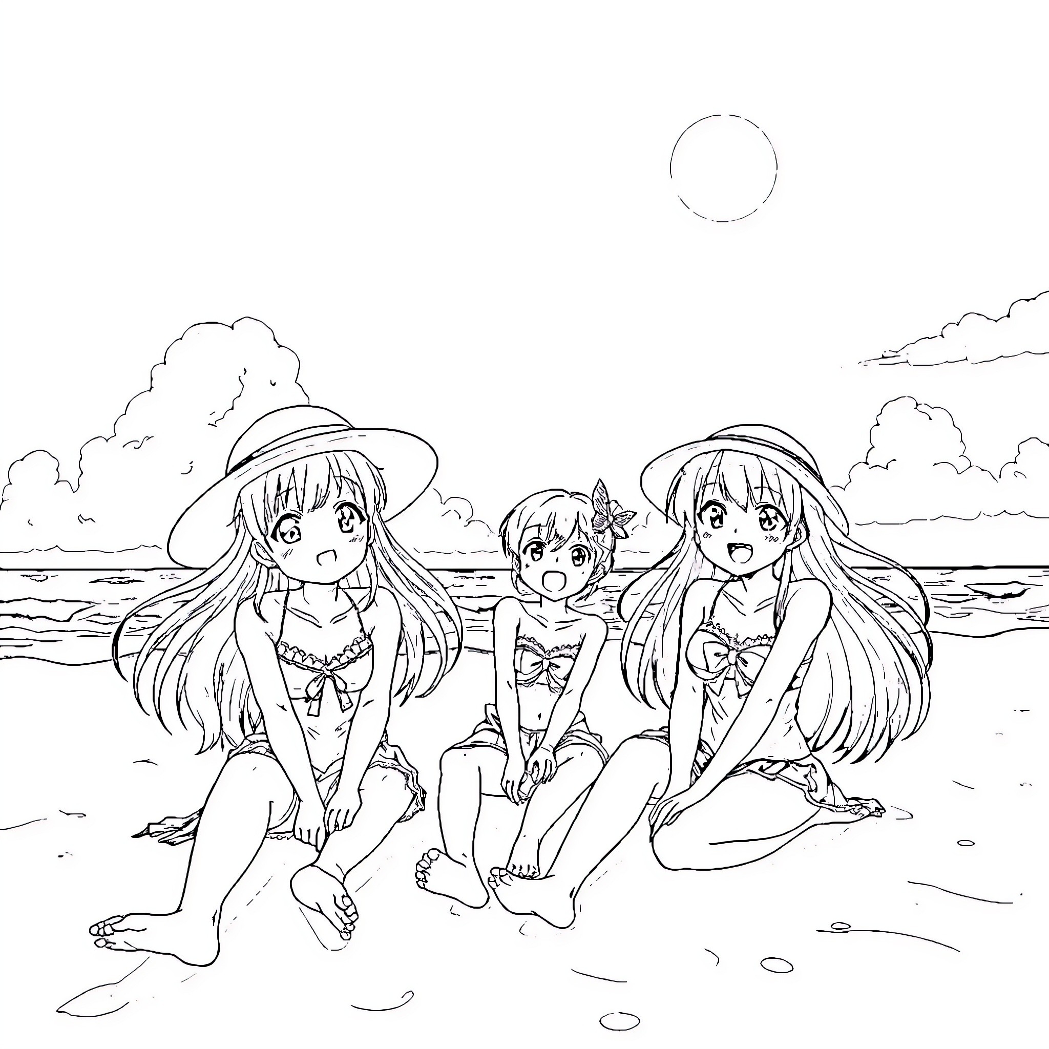 Anime Girls Enjoying a Summer Beach Day Coloring Page (free black-and-white line drawing printable PDF for all, from beginners to advanced learners, including children, teens, adults, and seniors)