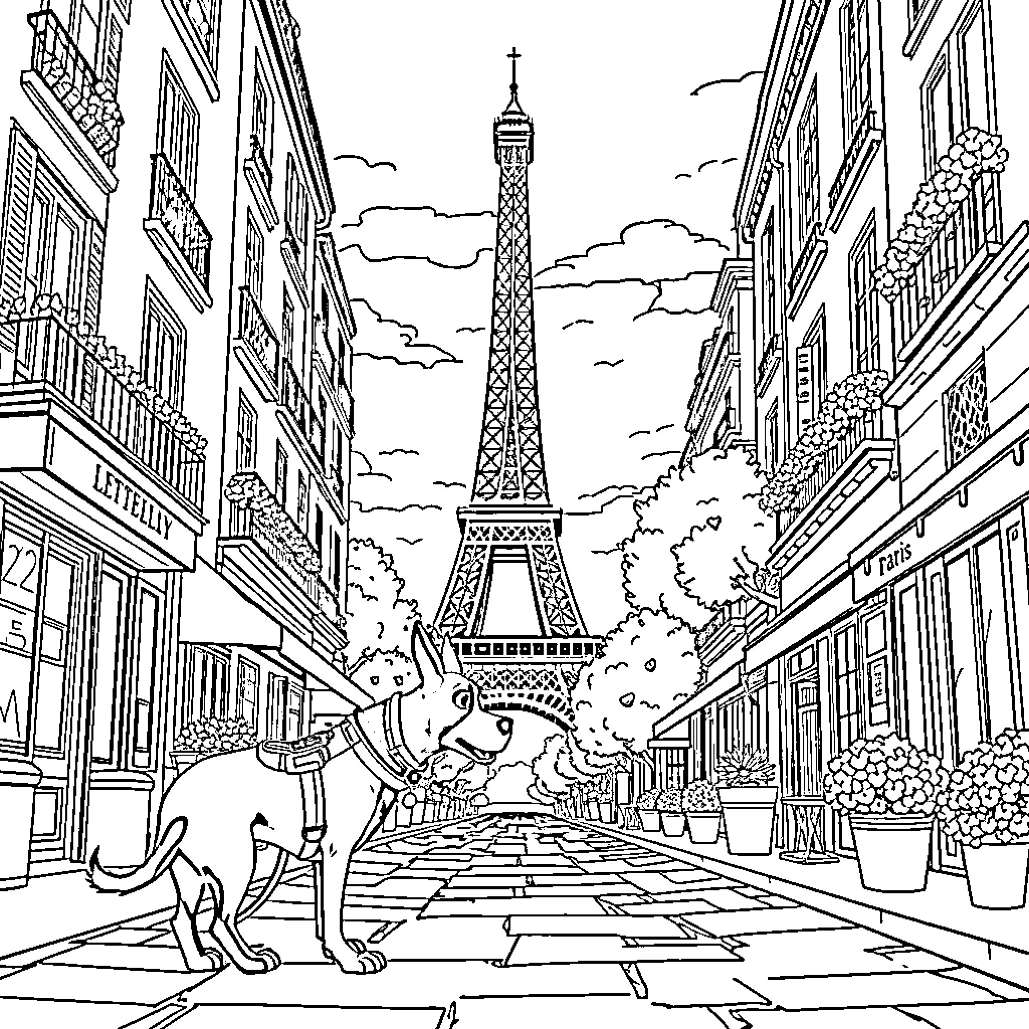 Paw Patrol Exploring the Streets of Paris Coloring Page (free black-and-white line drawing printable PDF for all, from beginners to advanced learners, including children, teens, adults, and seniors)