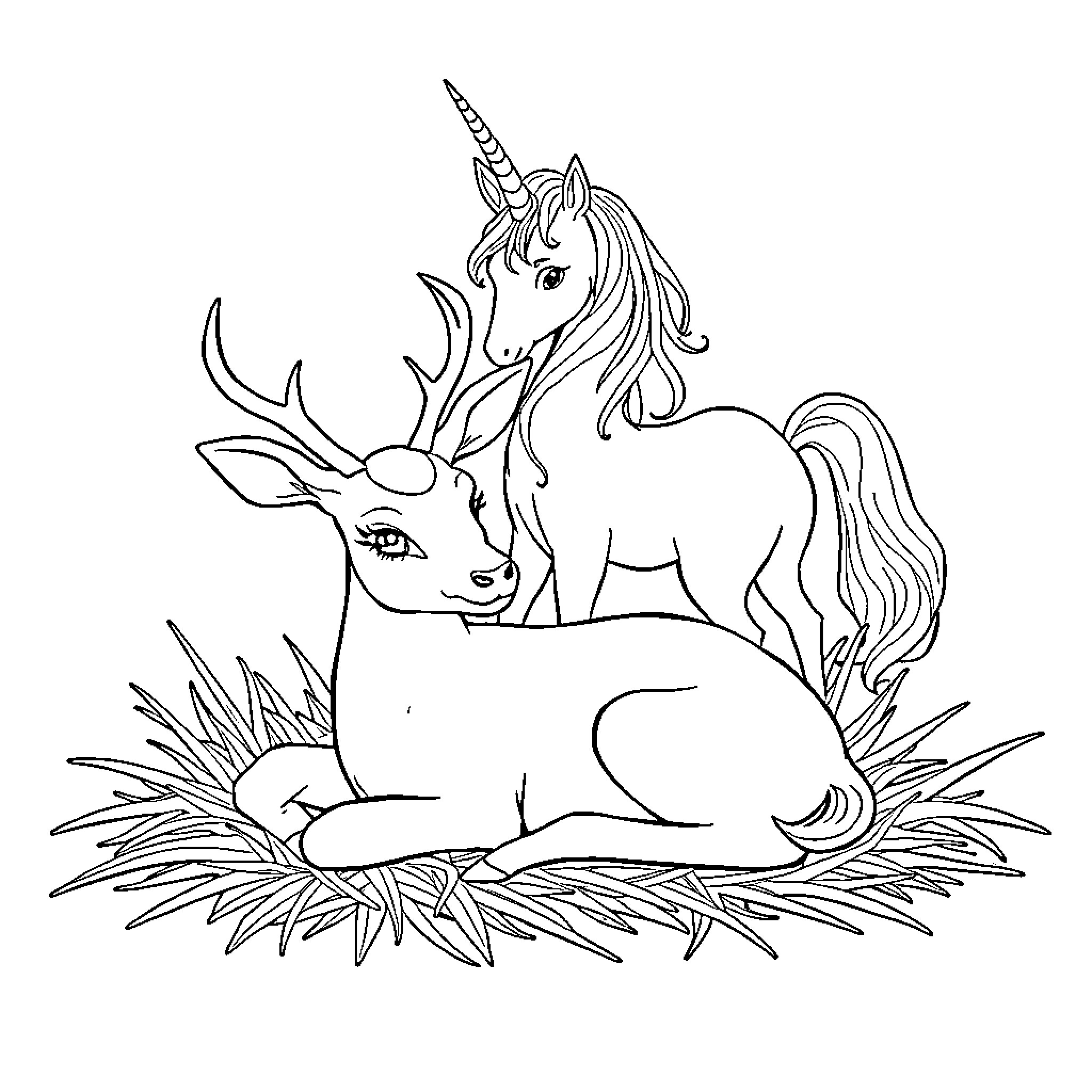 Deer and mythical unicorn resting in a field Coloring Page (free black-and-white line drawing printable PDF for all, from beginners to advanced learners, including children, teens, adults, and seniors)