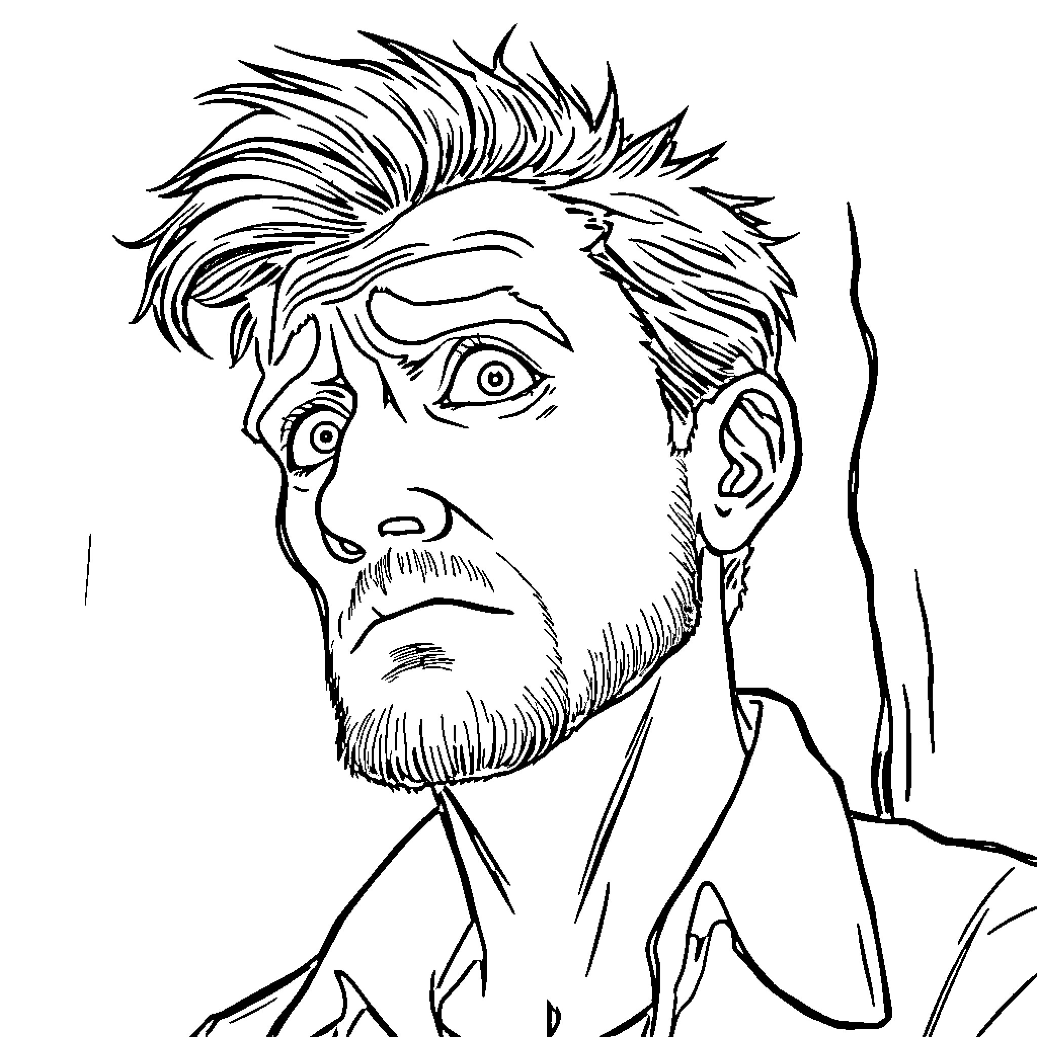 Man with Distressed Expression and Disheveled Appearance Coloring Page (free black-and-white line drawing printable PDF for all, from beginners to advanced learners, including children, teens, adults, and seniors)