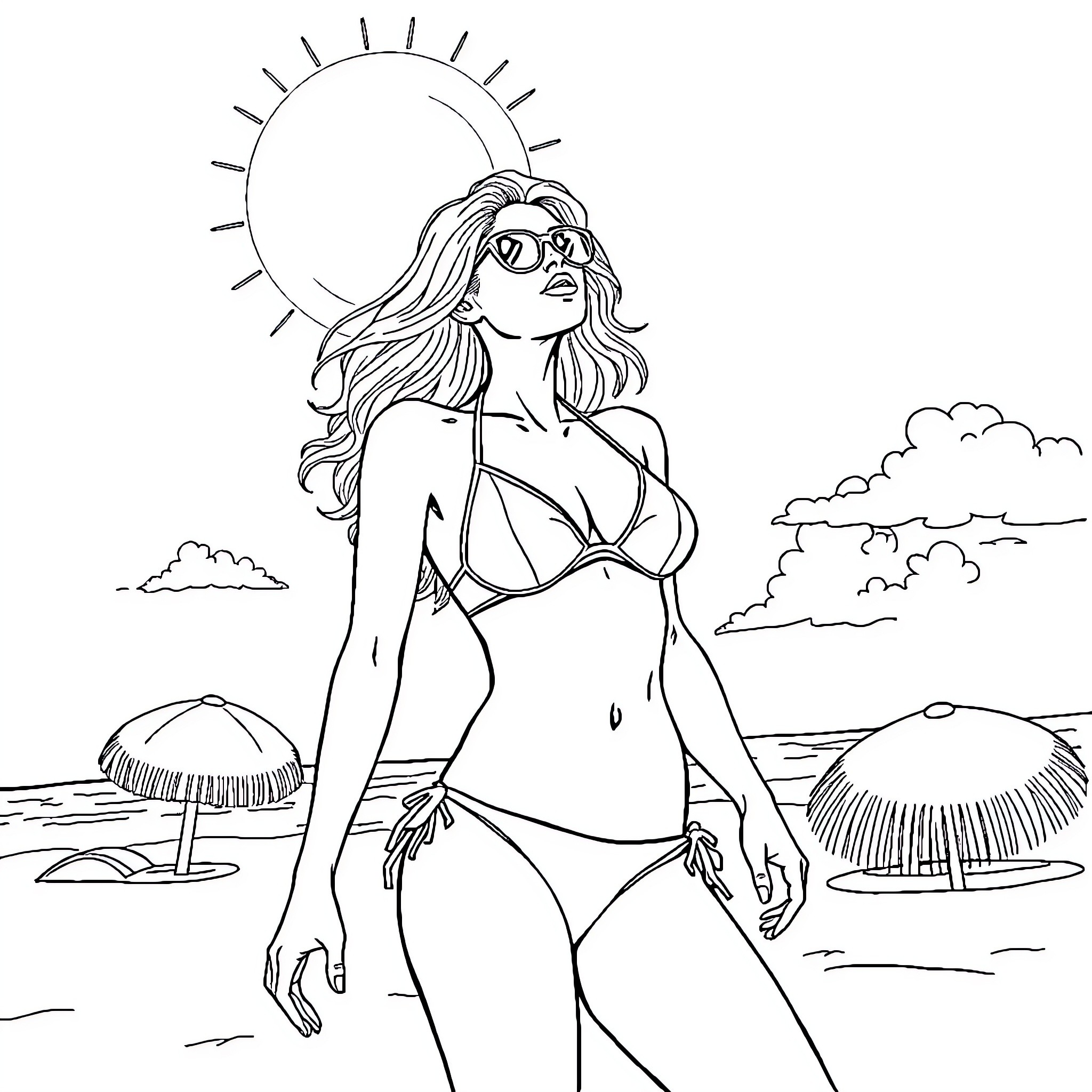 Lady enjoying the sunny beach day Coloring Page (free black-and-white line drawing printable PDF for all, from beginners to advanced learners, including children, teens, adults, and seniors)