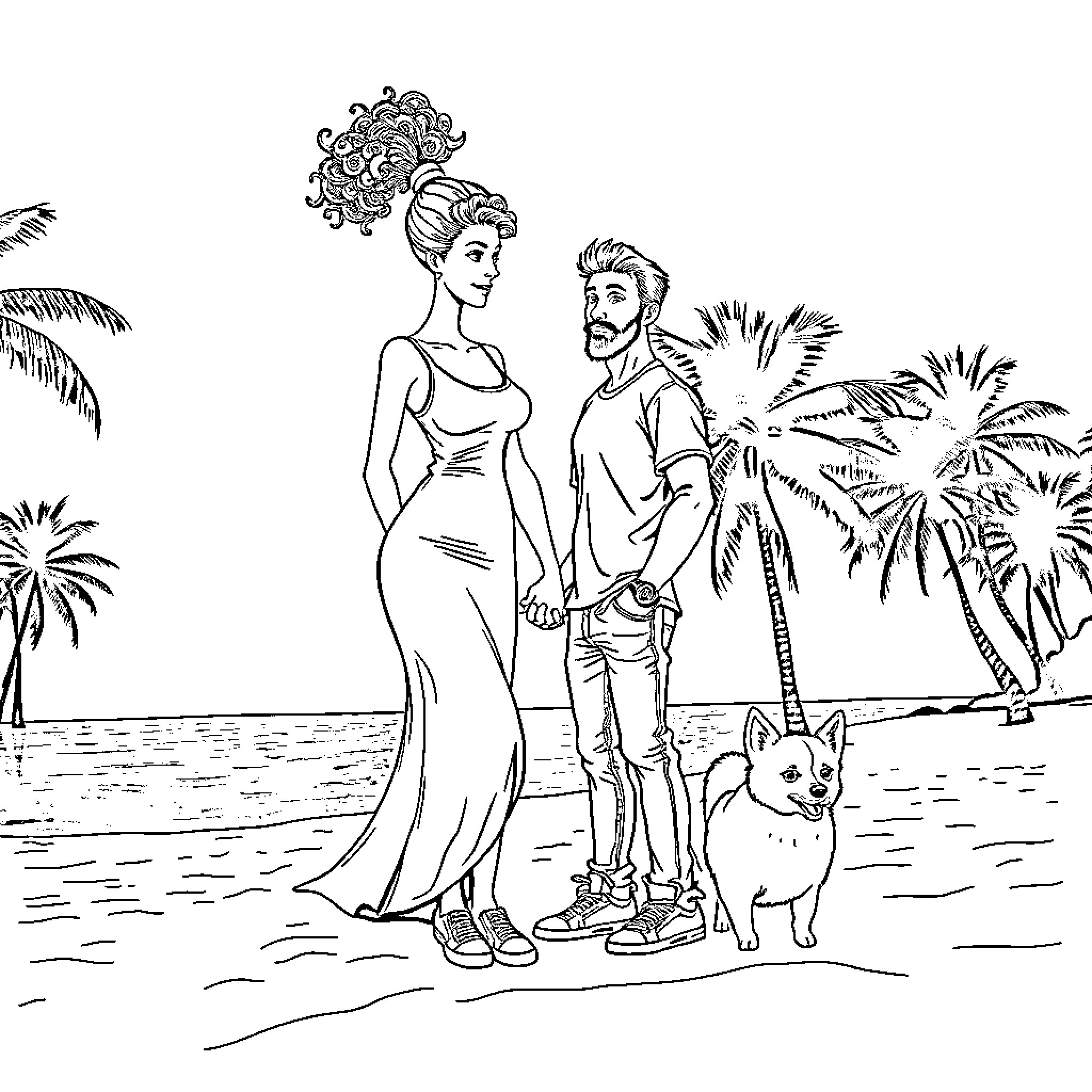 Girl and man with dog enjoying beach scenery Coloring Page (free black-and-white line drawing printable PDF for all, from beginners to advanced learners, including children, teens, adults, and seniors)
