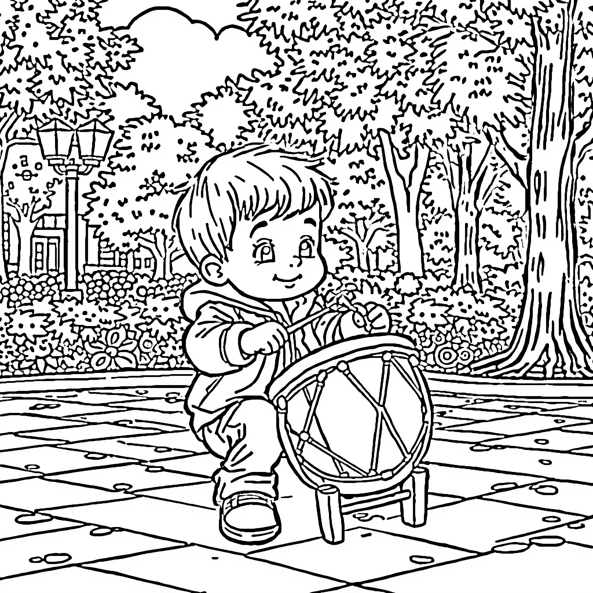 Child playing with a drum in the park Coloring Page (free black-and-white line drawing printable PDF for all, from beginners to advanced learners, including children, teens, adults, and seniors)