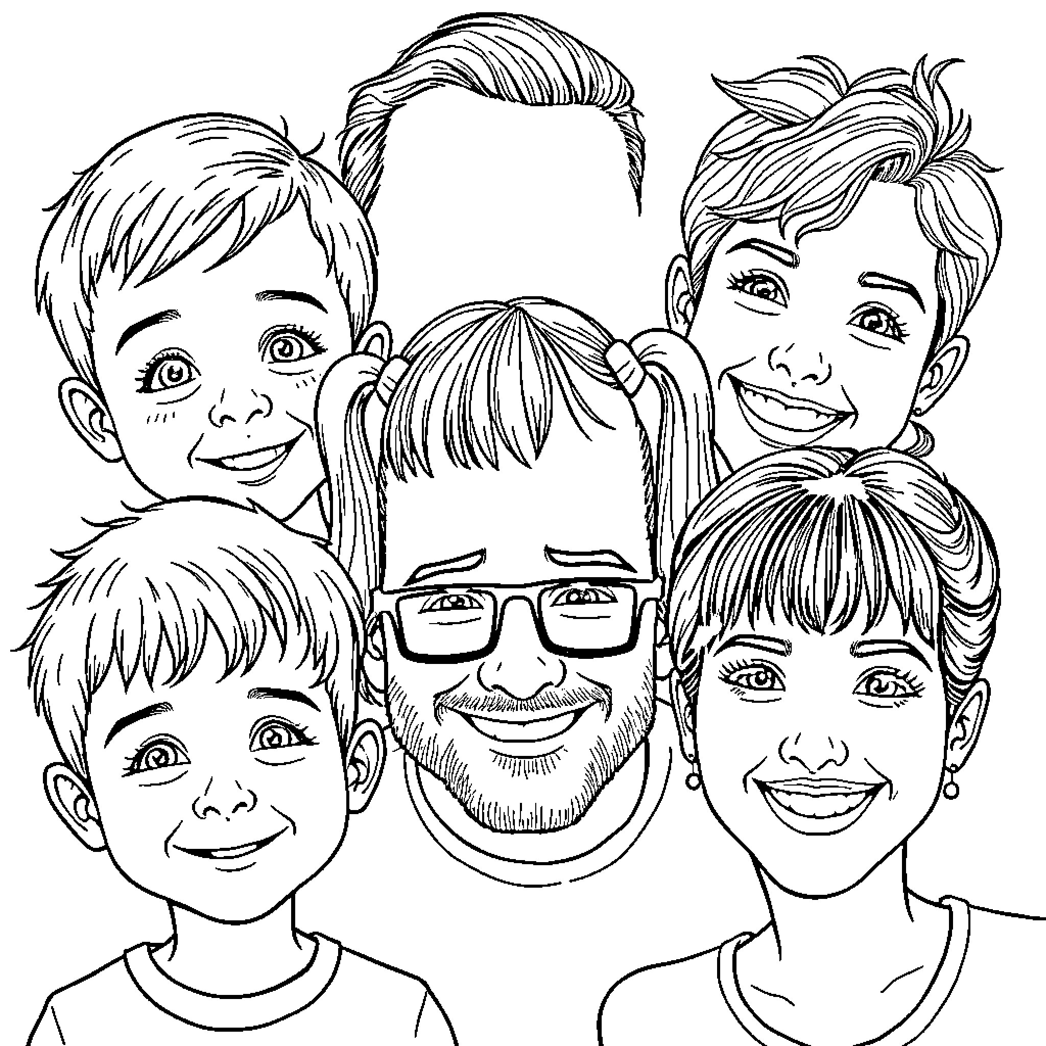 Family portrait with joyful expressions Coloring Page (free black-and-white line drawing printable PDF for all, from beginners to advanced learners, including children, teens, adults, and seniors)