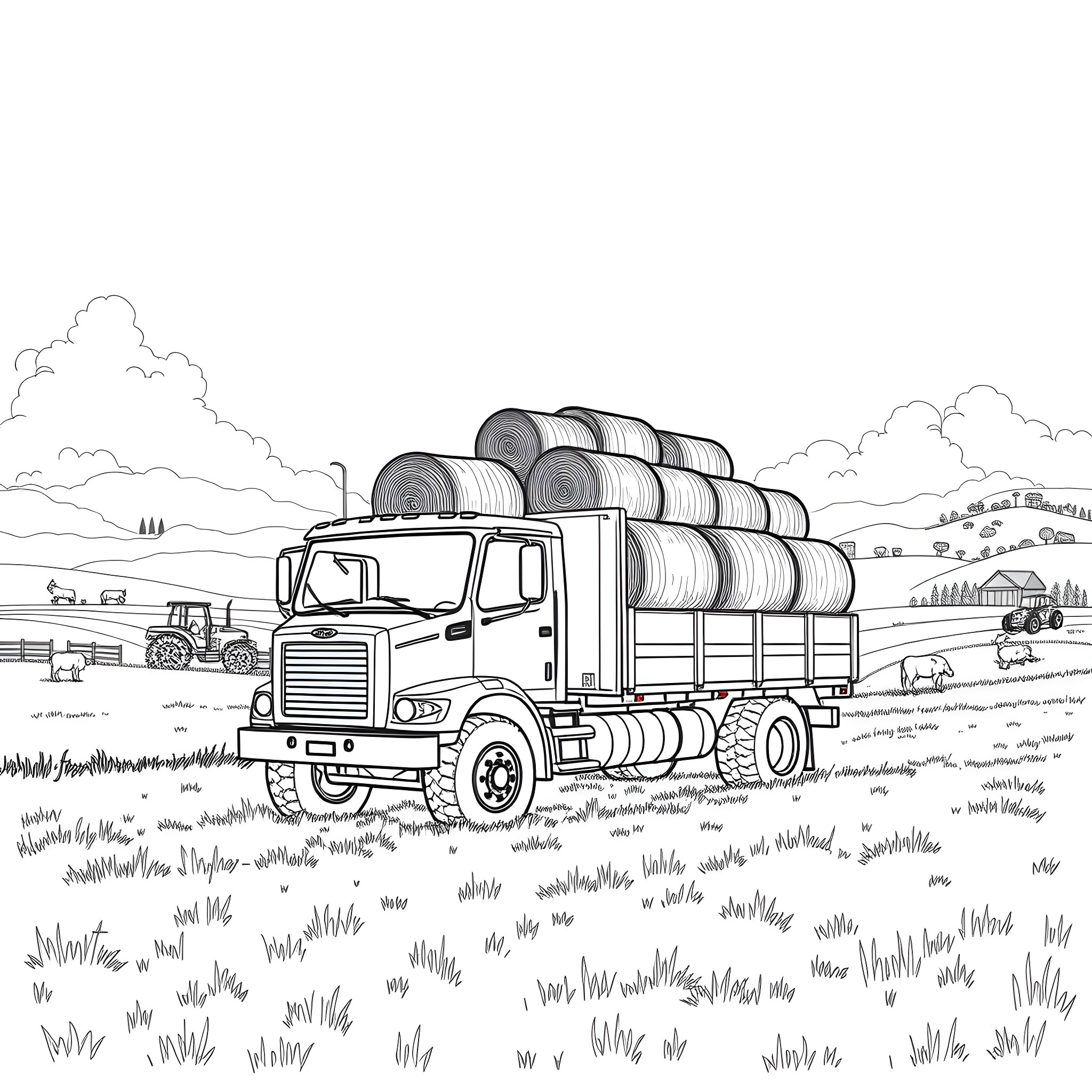 Bale Truck Transporting Hay Bales on Rural Road Coloring Page (free black-and-white line drawing printable PDF for all, from beginners to advanced learners, including children, teens, adults, and seniors)
