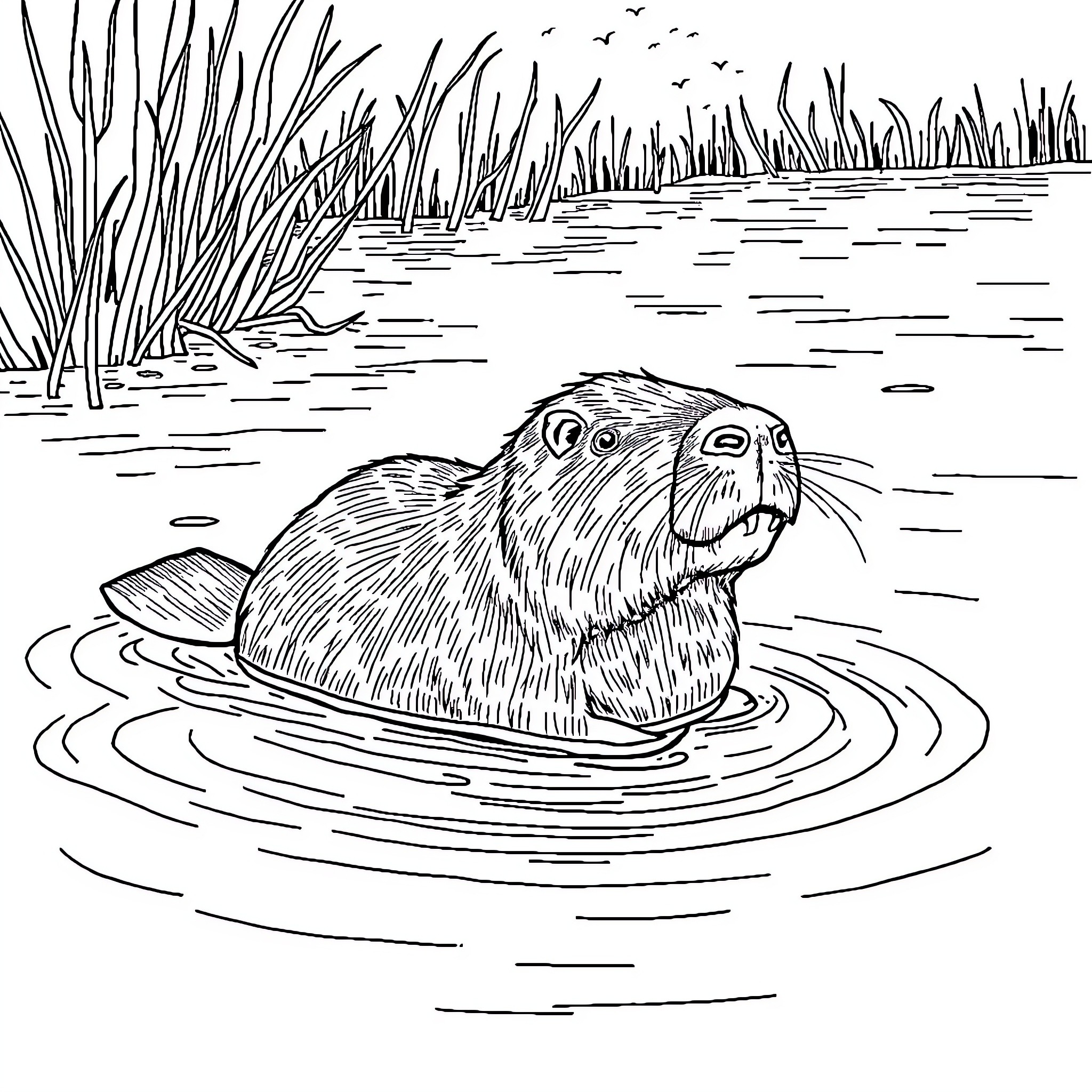 Capybara swimming in the pond Coloring Page (free black-and-white line drawing printable PDF for all, from beginners to advanced learners, including children, teens, adults, and seniors)
