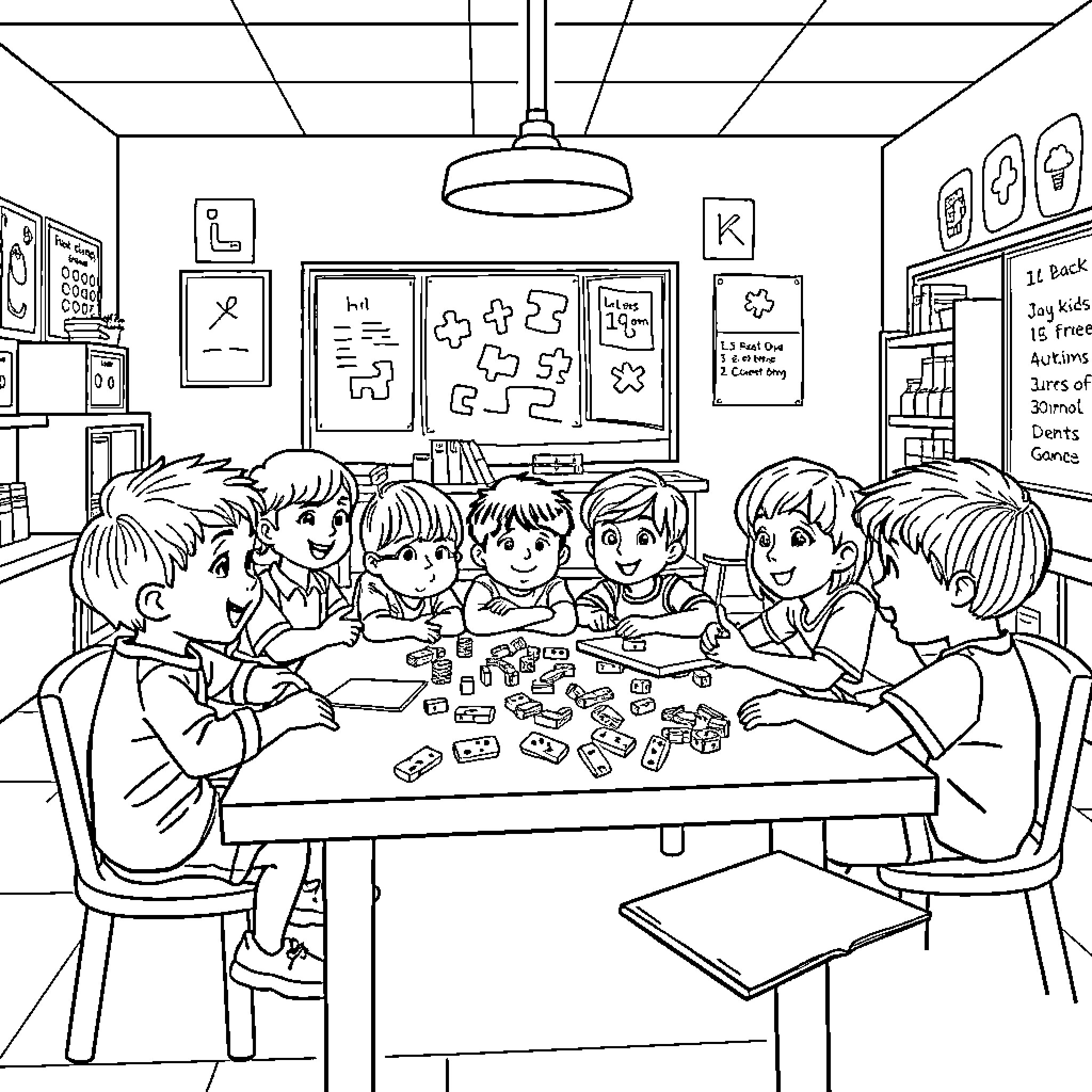 Kids playing happily with toys in the classroom Coloring Page (free black-and-white line drawing printable PDF for all, from beginners to advanced learners, including children, teens, adults, and seniors)