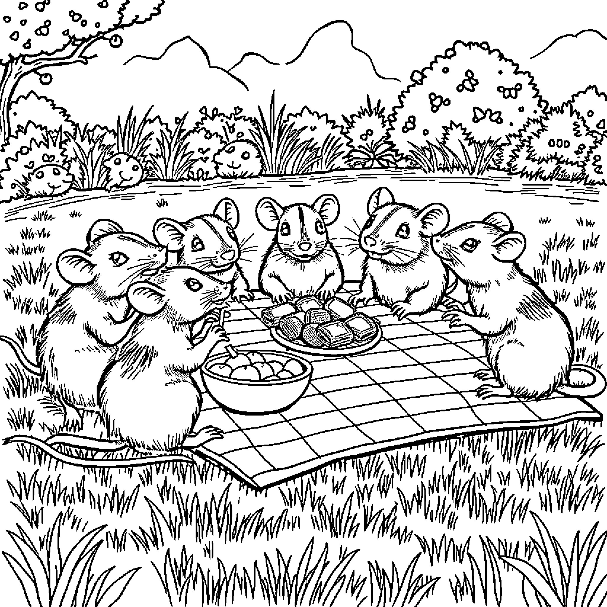 Rats Enjoying a Picnic in the Wilderness Coloring Page (free black-and-white line drawing printable PDF for all, from beginners to advanced learners, including children, teens, adults, and seniors)