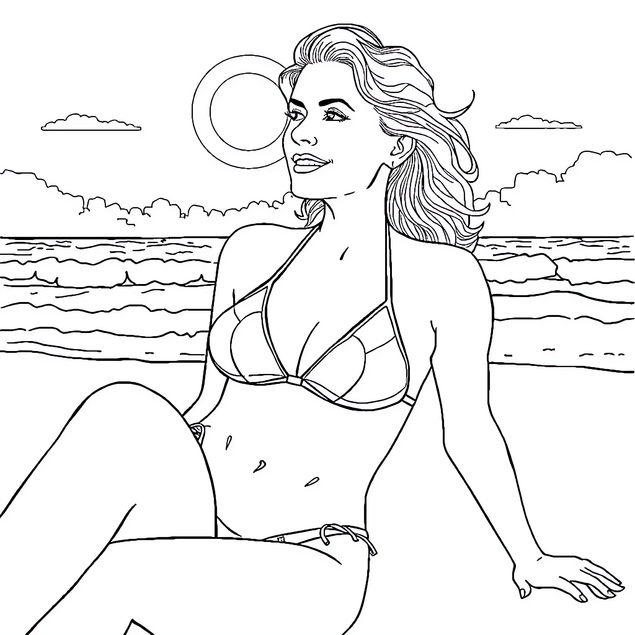 Scarlet Johansson relaxing on the beach Coloring Page (free black-and-white line drawing printable PDF for all, from beginners to advanced learners, including children, teens, adults, and seniors)
