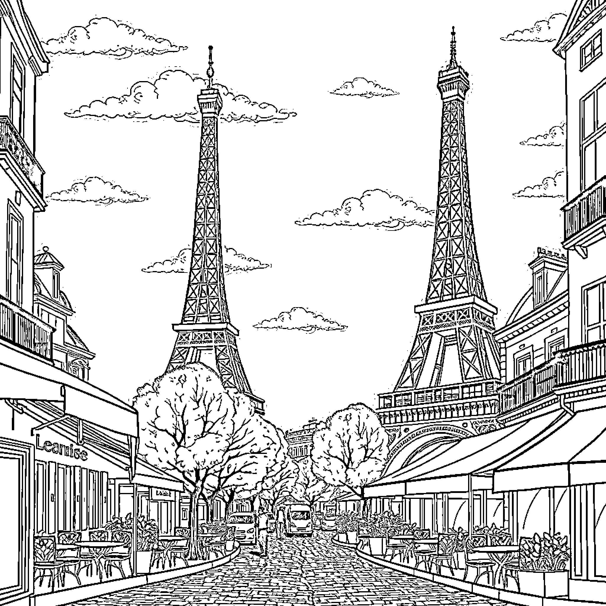 Paris street scene with iconic Eiffel Tower Coloring Page (free black-and-white line drawing printable PDF for all, from beginners to advanced learners, including children, teens, adults, and seniors)