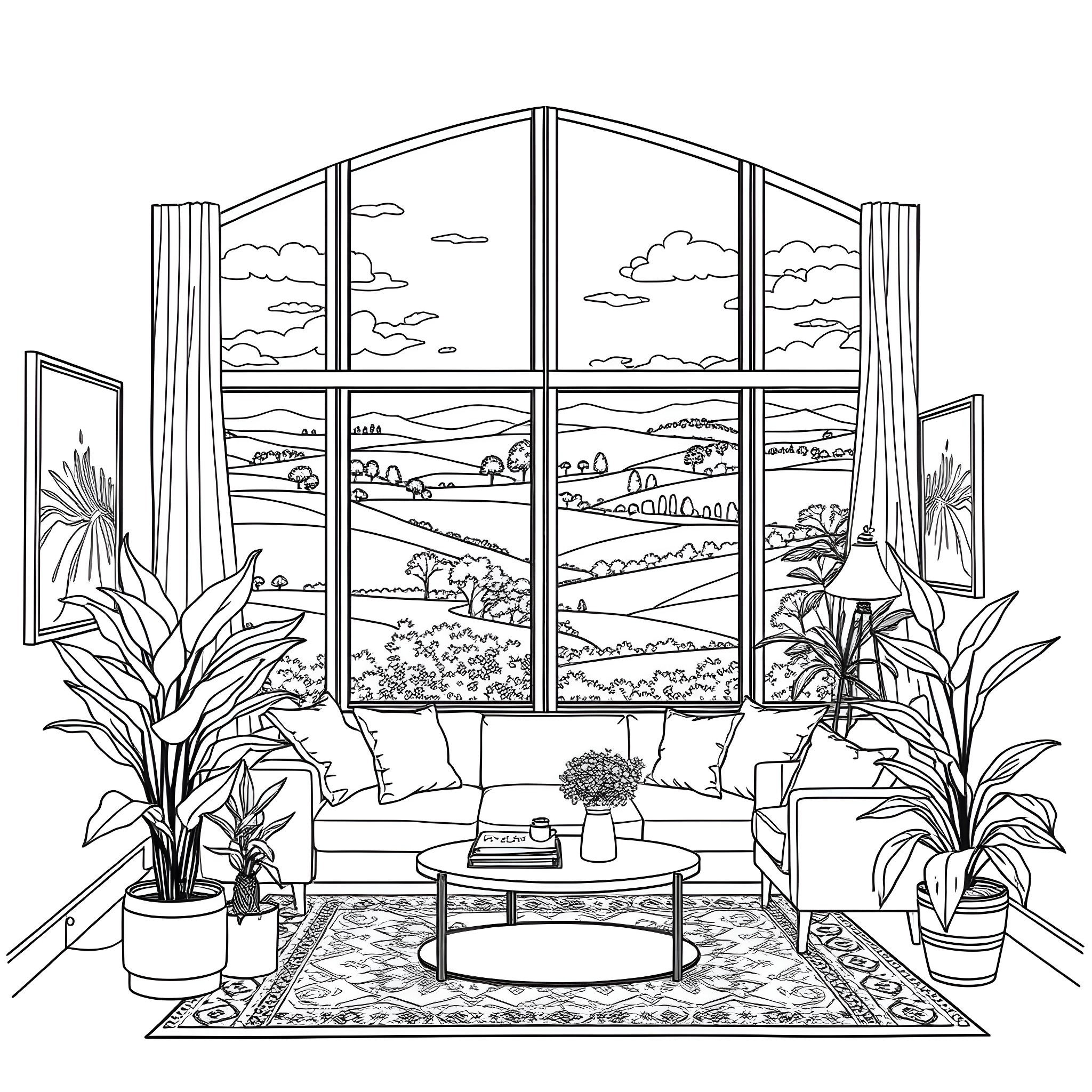 Plant interior cozy living room with scenic view Coloring Page (free black-and-white line drawing printable PDF for all, from beginners to advanced learners, including children, teens, adults, and seniors)