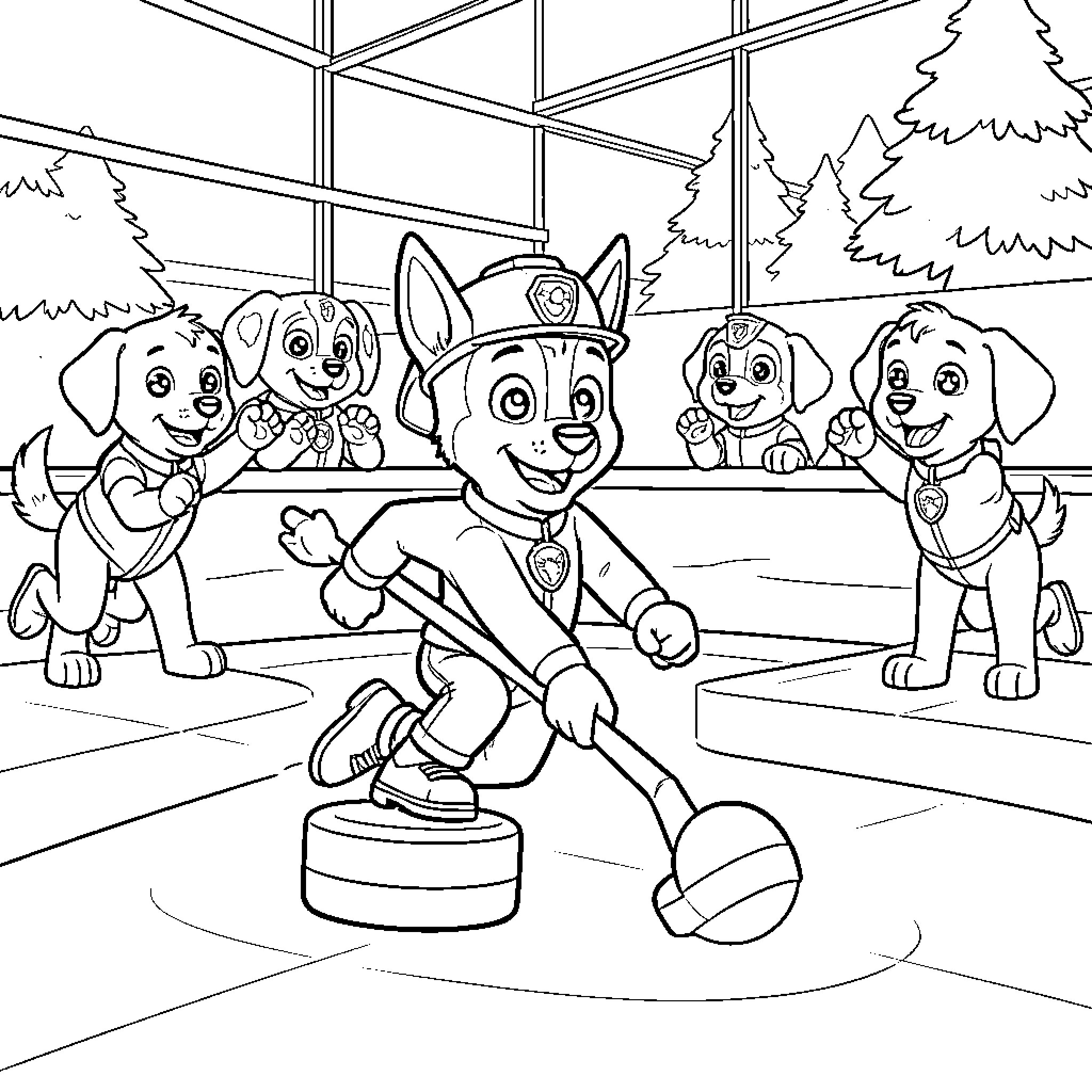 Chase playing ice hockey with his puppy friends Coloring Page (free black-and-white line drawing printable PDF for all, from beginners to advanced learners, including children, teens, adults, and seniors)