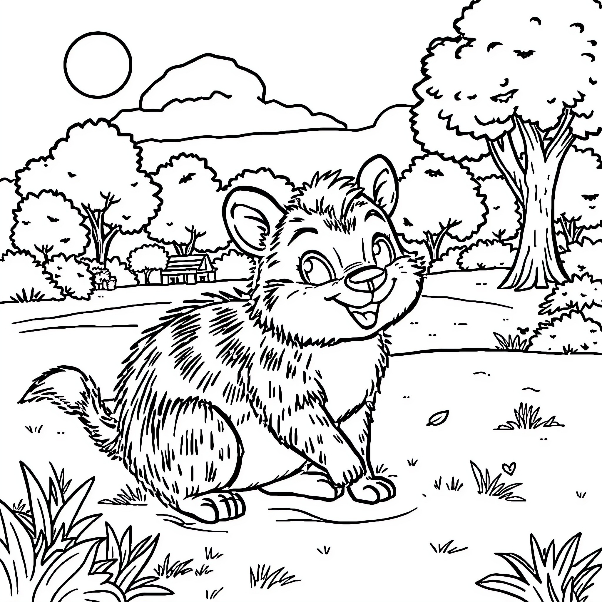 Animal playing in outdoor landscape Coloring Page (free black-and-white line drawing printable PDF for all, from beginners to advanced learners, including children, teens, adults, and seniors)