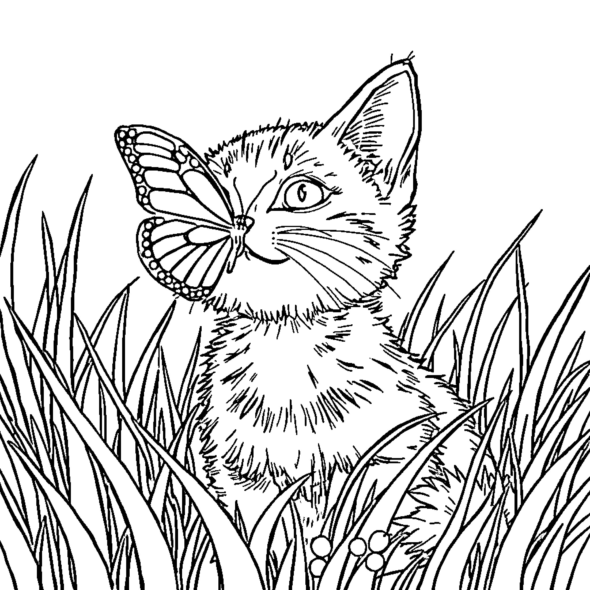 Cat with butterfly on its nose in the grass Coloring Page (free black-and-white line drawing printable PDF for all, from beginners to advanced learners, including children, teens, adults, and seniors)