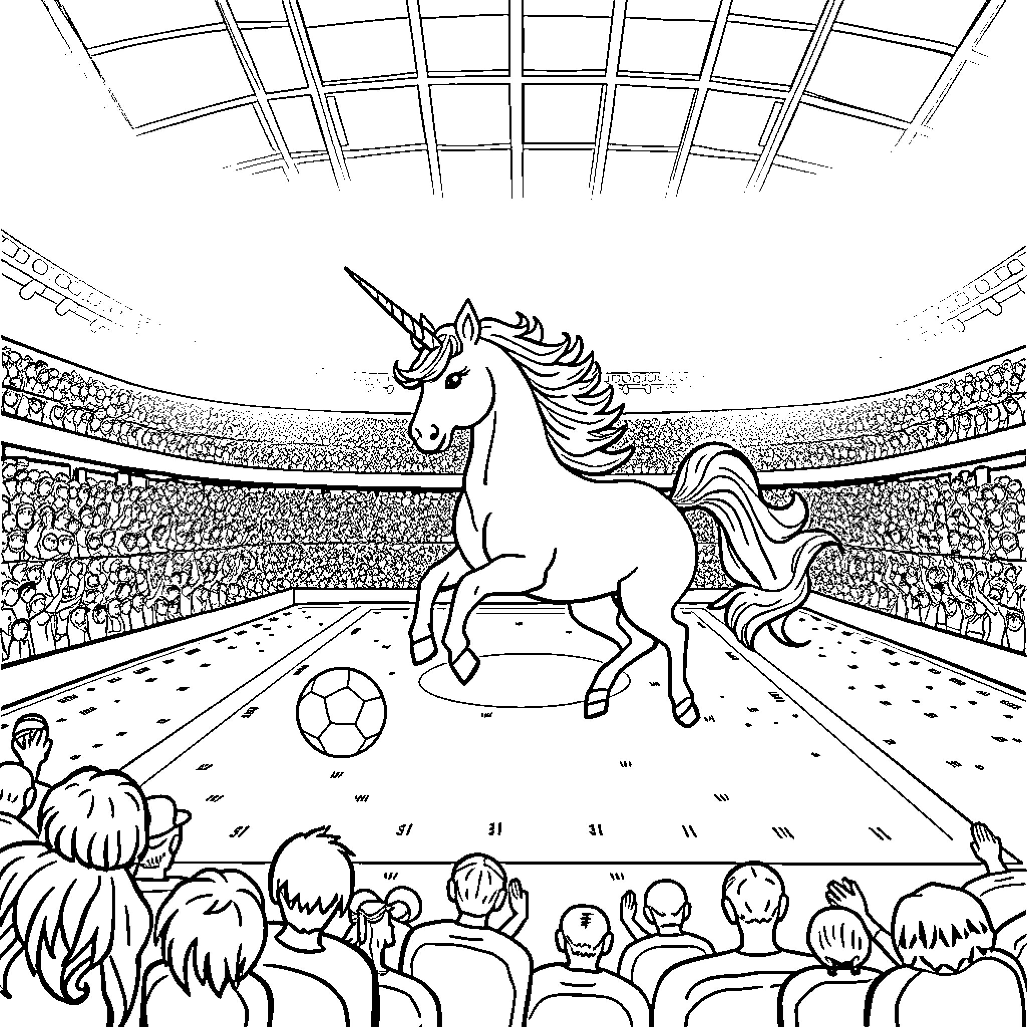 Unicorn performing football tricks in a stadium Coloring Page (free black-and-white line drawing printable PDF for all, from beginners to advanced learners, including children, teens, adults, and seniors)