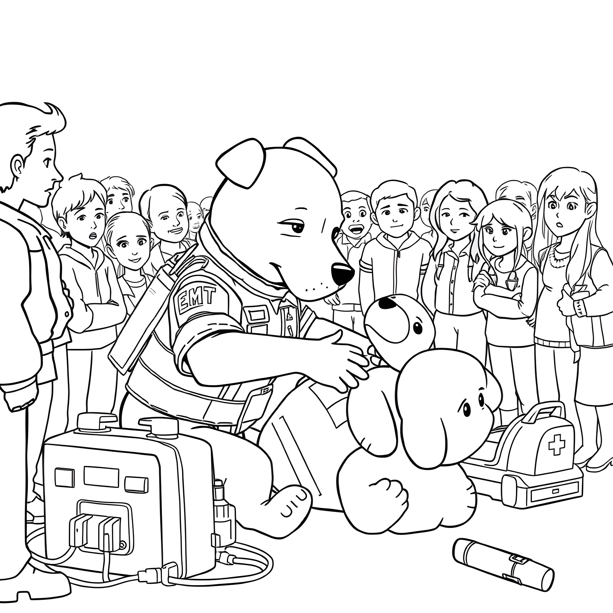 Dog surrounded by a group of people in a medical setting Coloring Page (free black-and-white line drawing printable PDF for all, from beginners to advanced learners, including children, teens, adults, and seniors)