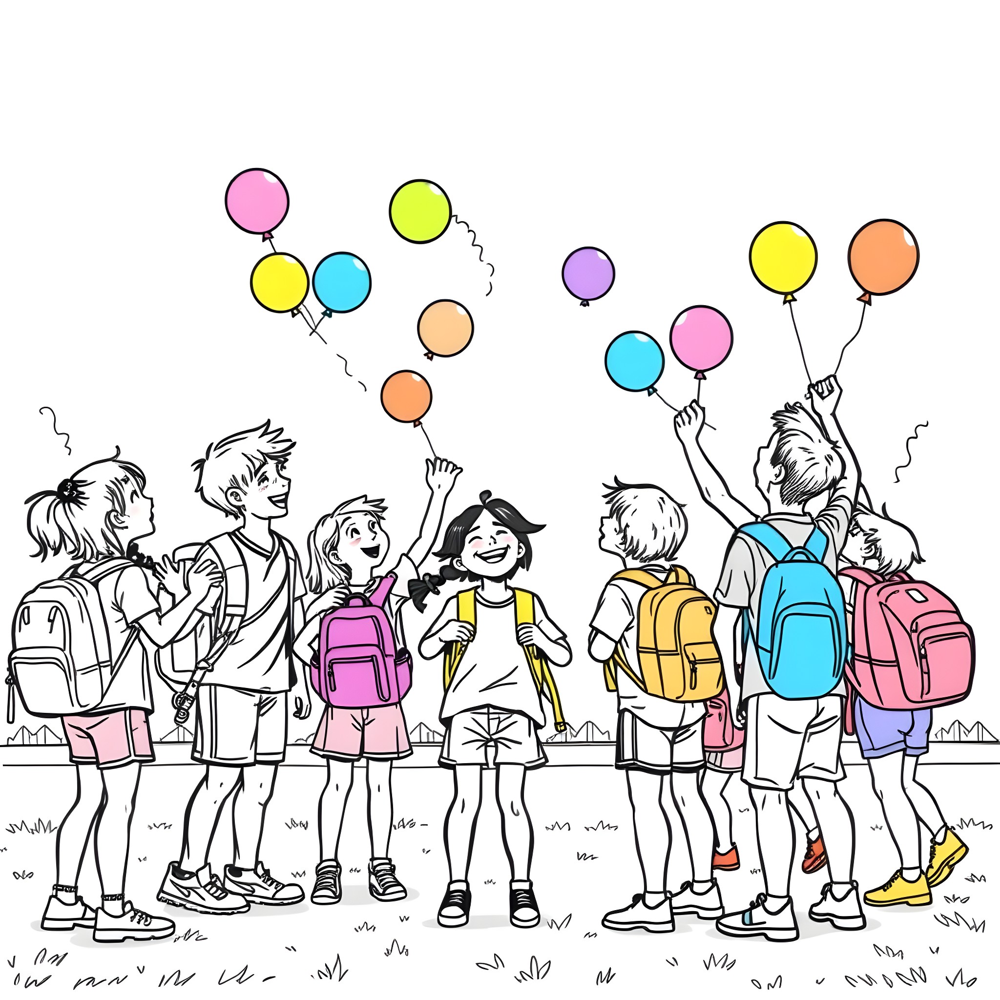 Student friends enjoying the day with colorful balloons Coloring Page (free black-and-white line drawing printable PDF for all, from beginners to advanced learners, including children, teens, adults, and seniors)