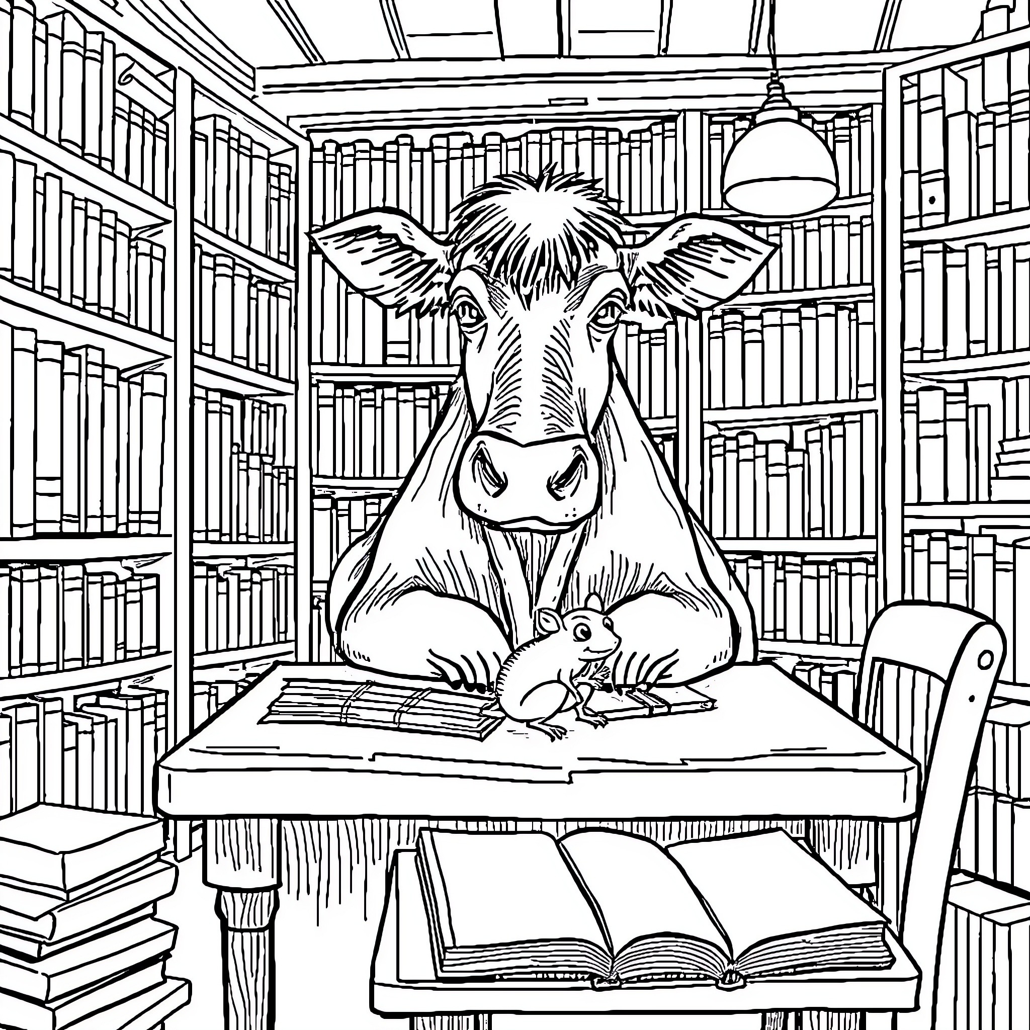 Cow reading books in a library Coloring Page (free black-and-white line drawing printable PDF for all, from beginners to advanced learners, including children, teens, adults, and seniors)