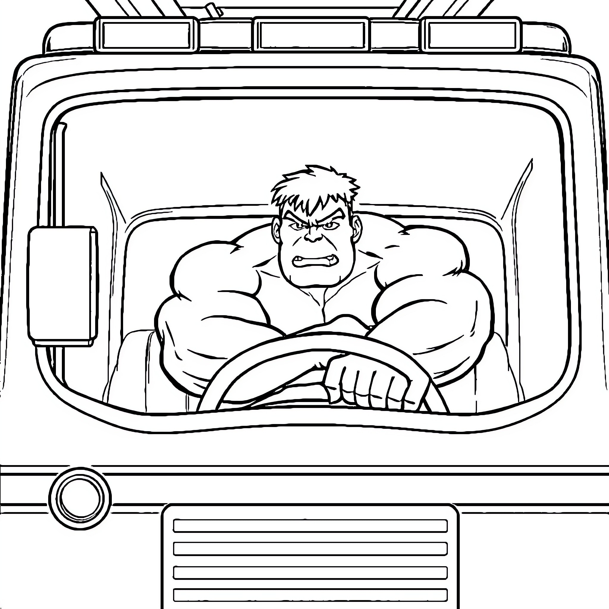 Hulk driving an emergency vehicle with determination Coloring Page (free black-and-white line drawing printable PDF for all, from beginners to advanced learners, including children, teens, adults, and seniors)