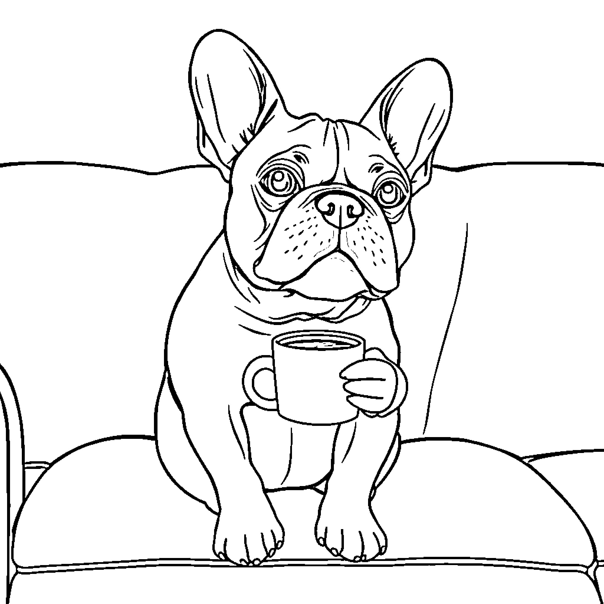French Bulldog enjoying a warm drink on the couch Coloring Page (free black-and-white line drawing printable PDF for all, from beginners to advanced learners, including children, teens, adults, and seniors)