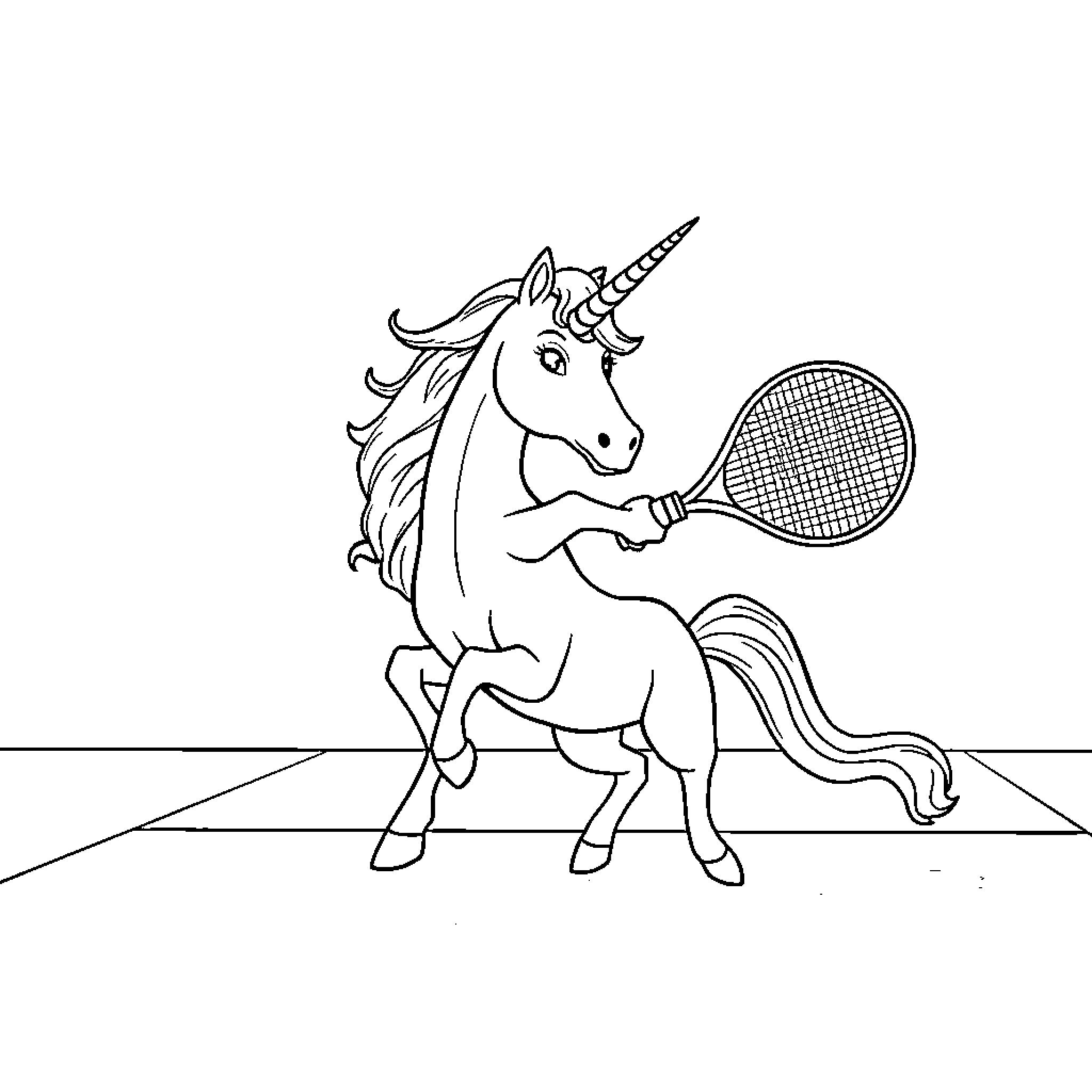 Unicorn playing tennis on the court Coloring Page (free black-and-white line drawing printable PDF for all, from beginners to advanced learners, including children, teens, adults, and seniors)