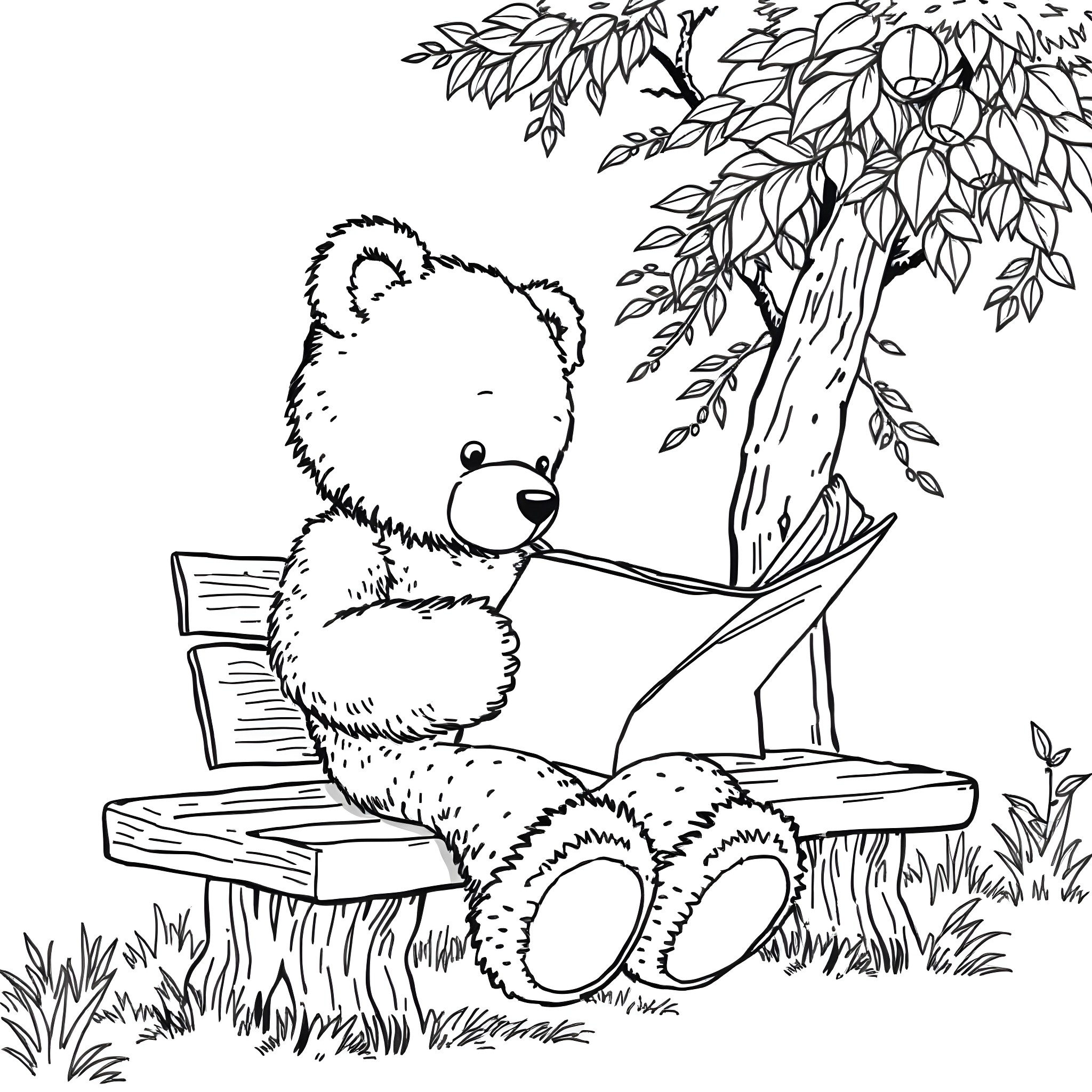 Teddy Bear Reading a Book in the Park Coloring Page (free black-and-white line drawing printable PDF for all, from beginners to advanced learners, including children, teens, adults, and seniors)