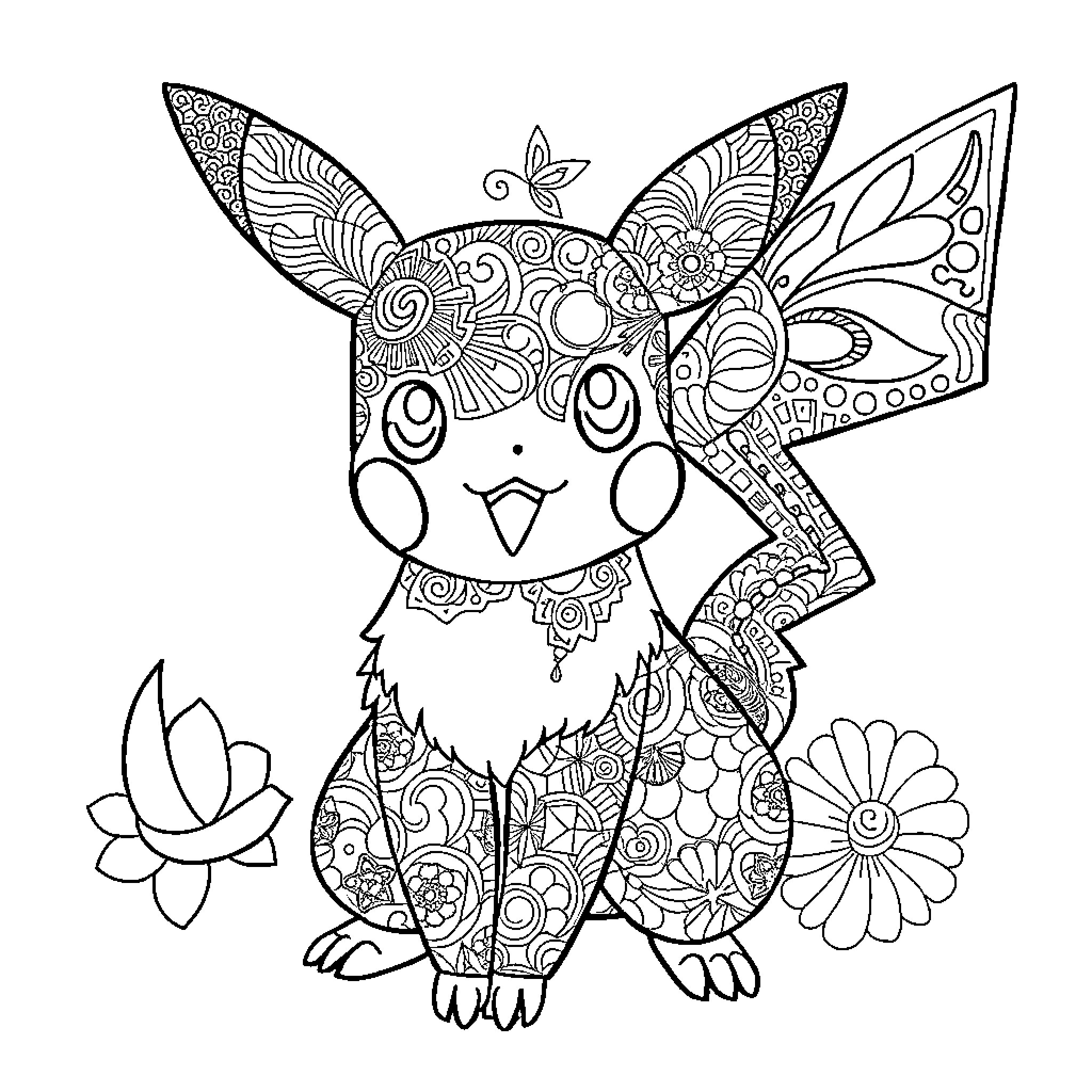Pokémon Creature with Intricate Floral Patterns Coloring Page (free black-and-white line drawing printable PDF for all, from beginners to advanced learners, including children, teens, adults, and seniors)