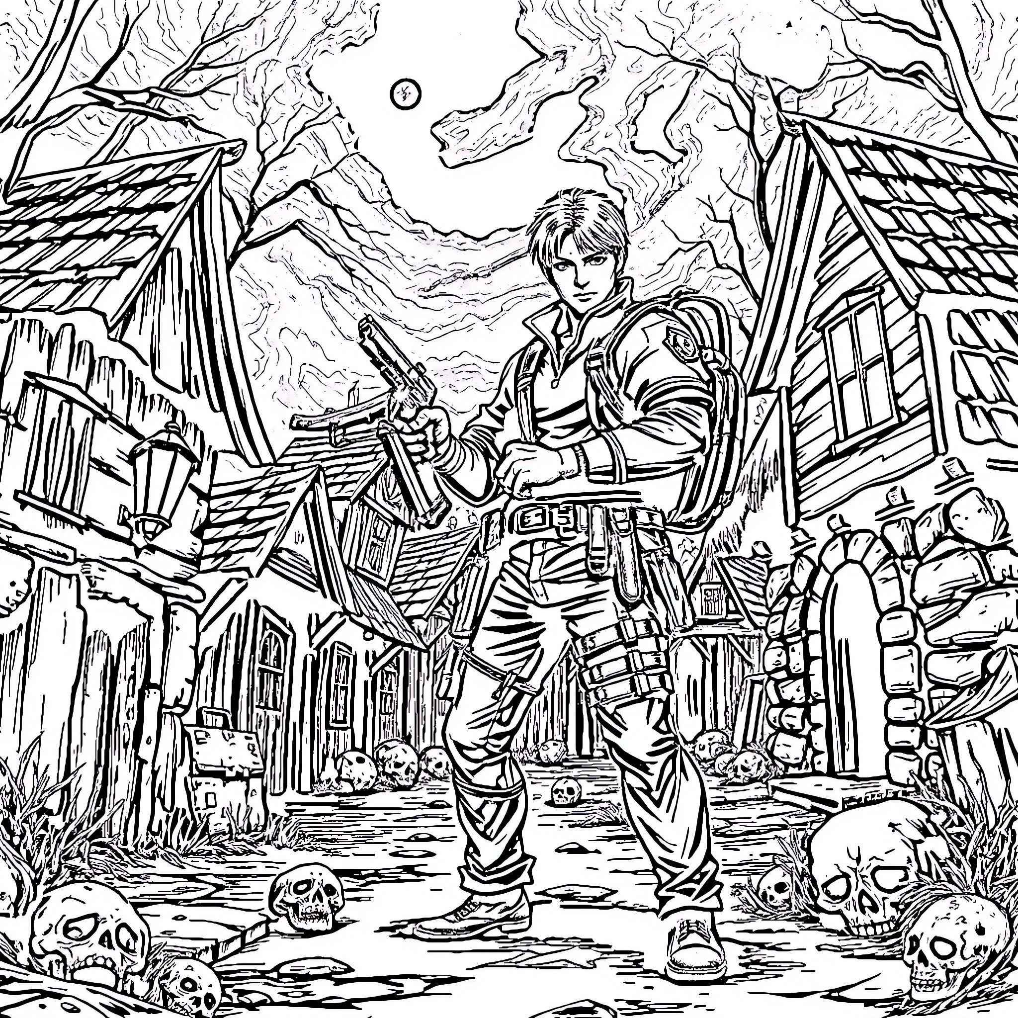 Leon's Heroic Pursuit in a Perilous Village Coloring Page (free black-and-white line drawing printable PDF for all, from beginners to advanced learners, including children, teens, adults, and seniors)