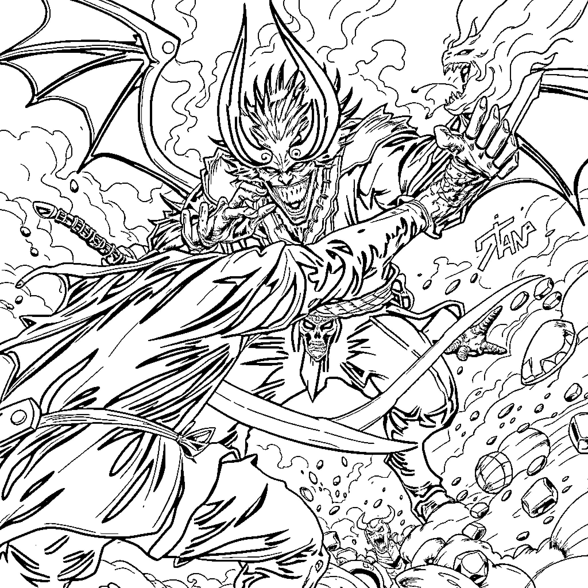 Tanjiro's Ferocious Demon Battle Coloring Page (free black-and-white line drawing printable PDF for all, from beginners to advanced learners, including children, teens, adults, and seniors)