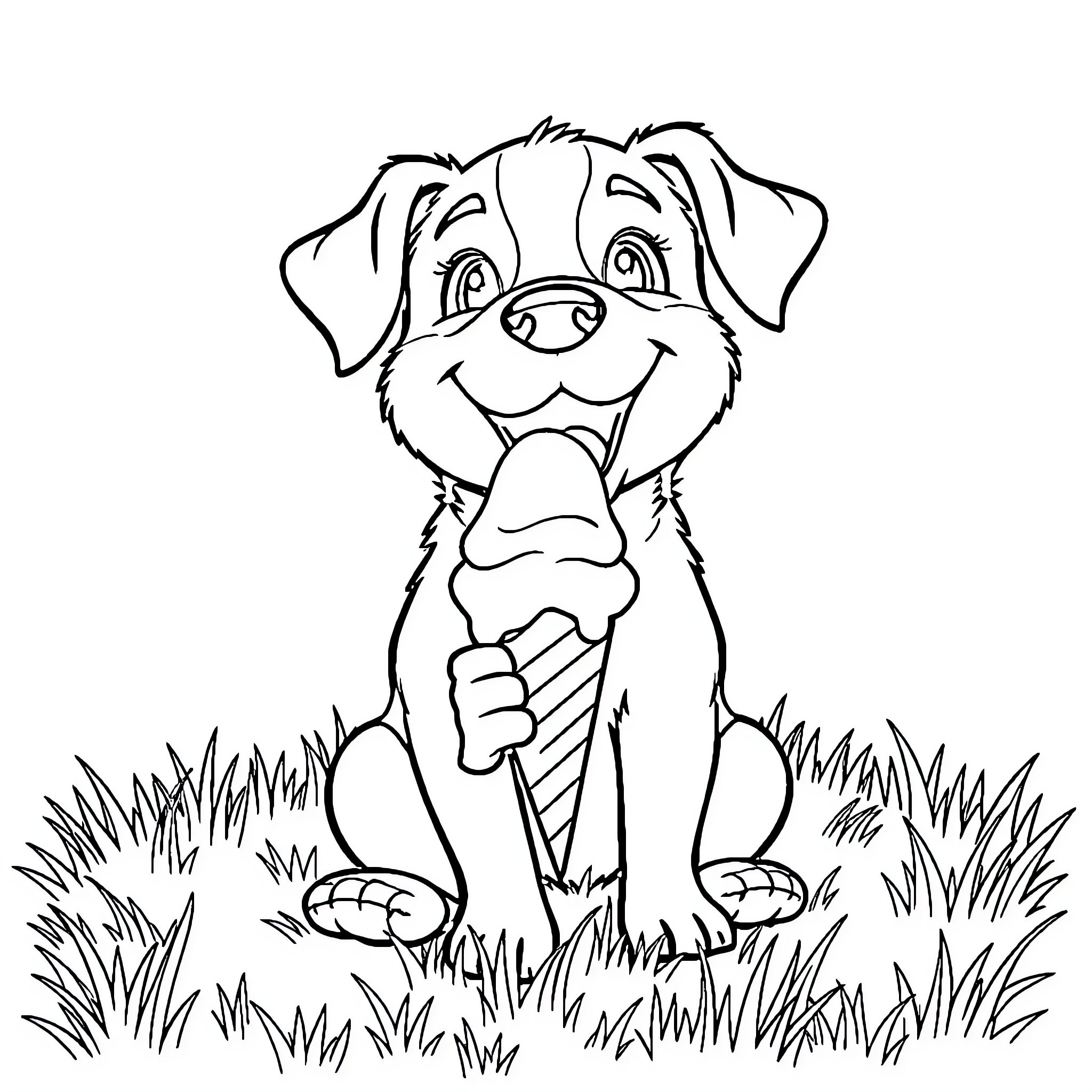 Dog happily holding bone in grassy field Coloring Page (free black-and-white line drawing printable PDF for all, from beginners to advanced learners, including children, teens, adults, and seniors)