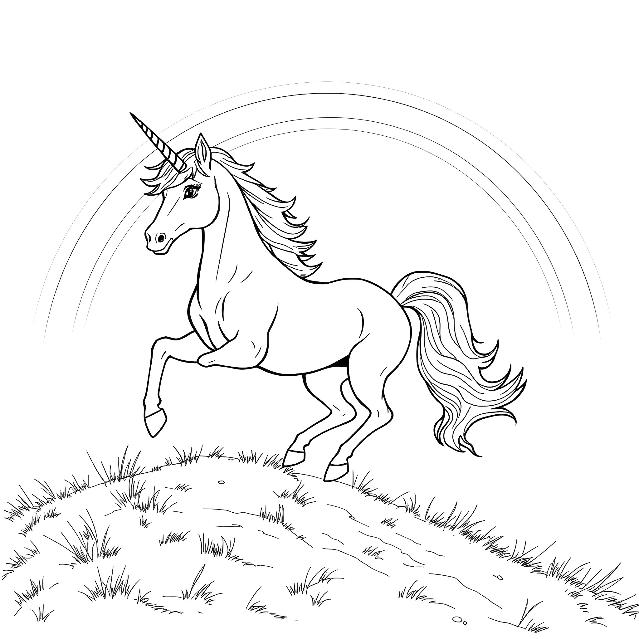 Unicorn galloping through grassy meadow Coloring Page (free black-and-white line drawing printable PDF for all, from beginners to advanced learners, including children, teens, adults, and seniors)