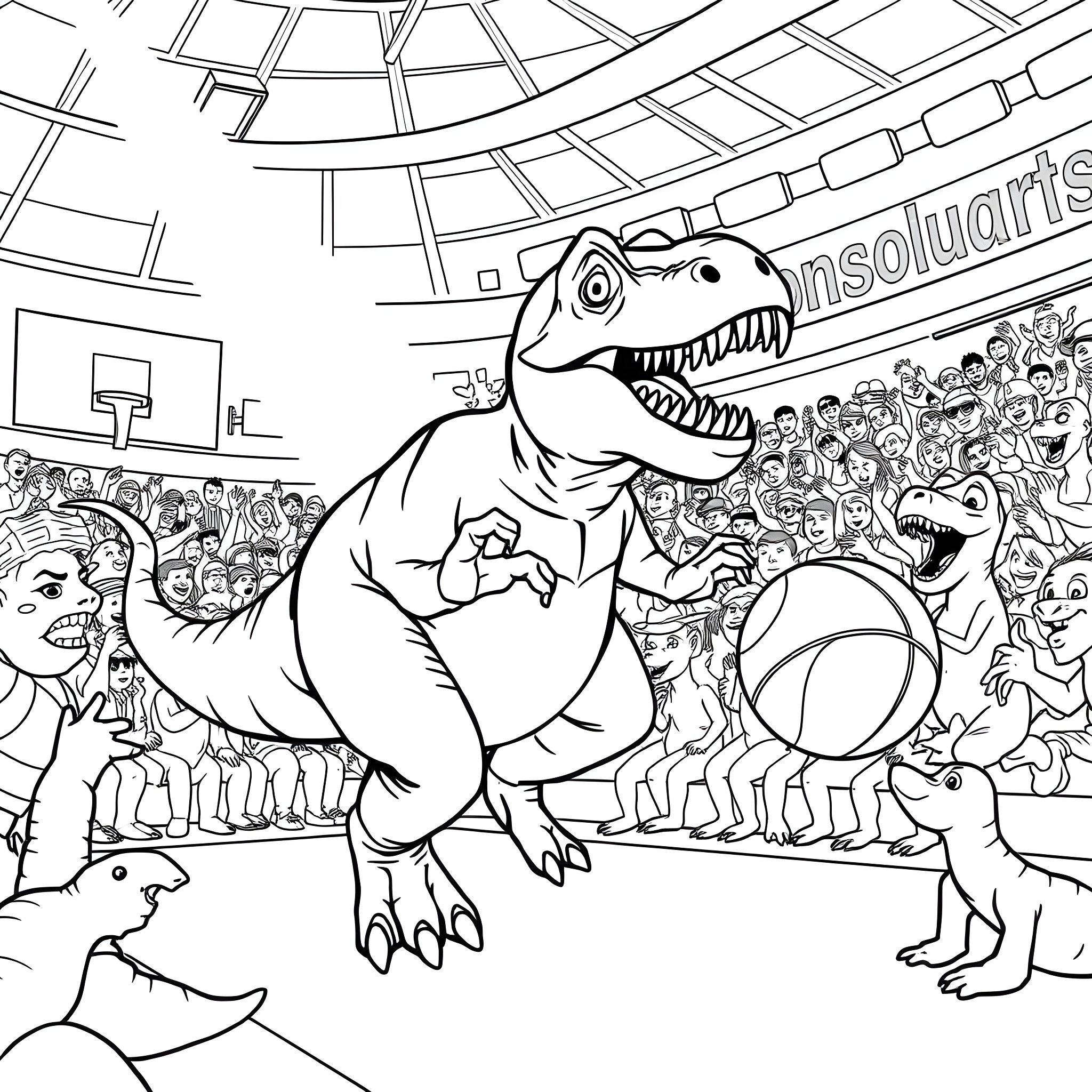 T-Rex Dinosaur Playing Basketball in Stadium Coloring Page (free black-and-white line drawing printable PDF for all, from beginners to advanced learners, including children, teens, adults, and seniors)
