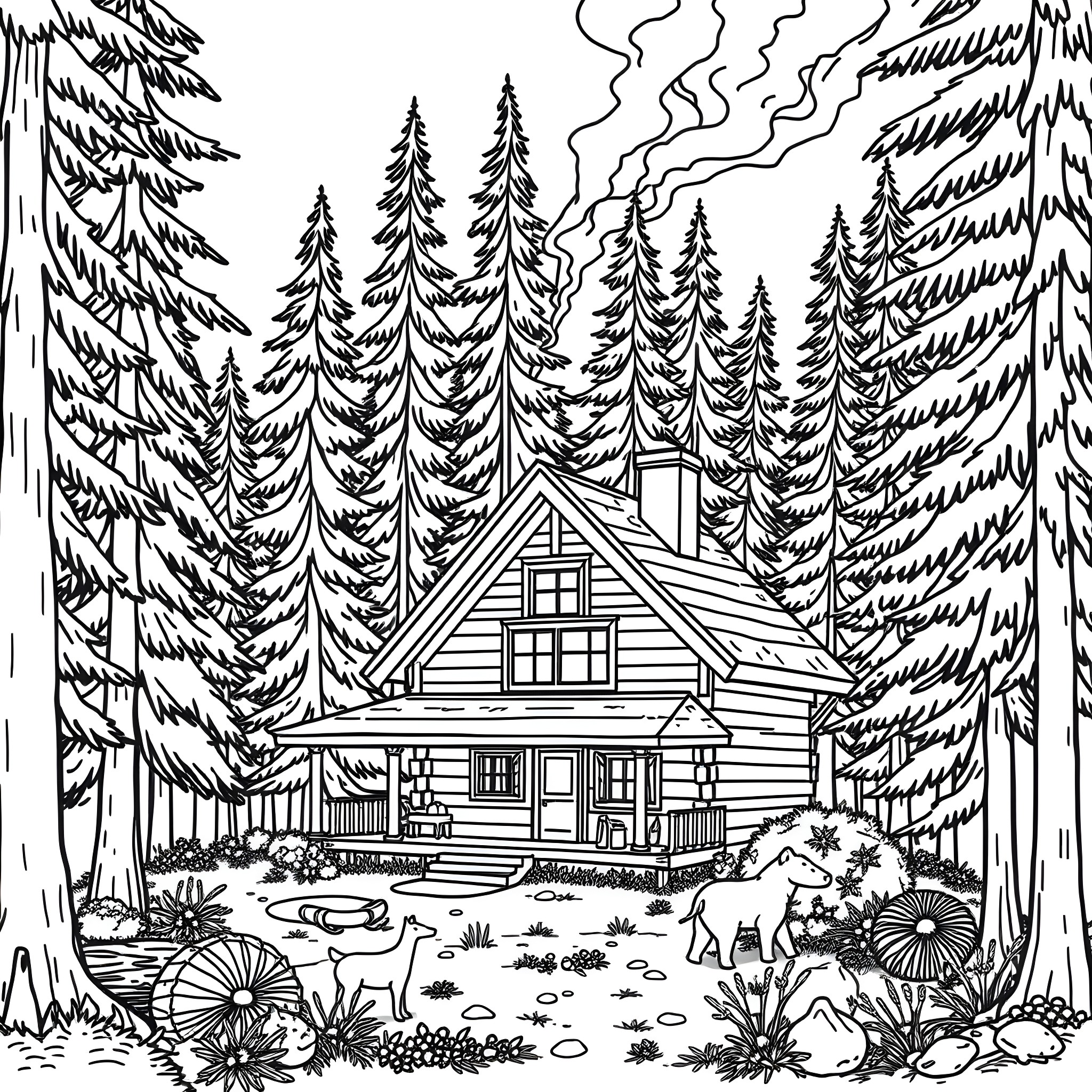 Cabin in the Serene Forest Coloring Page (free black-and-white line drawing printable PDF for all, from beginners to advanced learners, including children, teens, adults, and seniors)