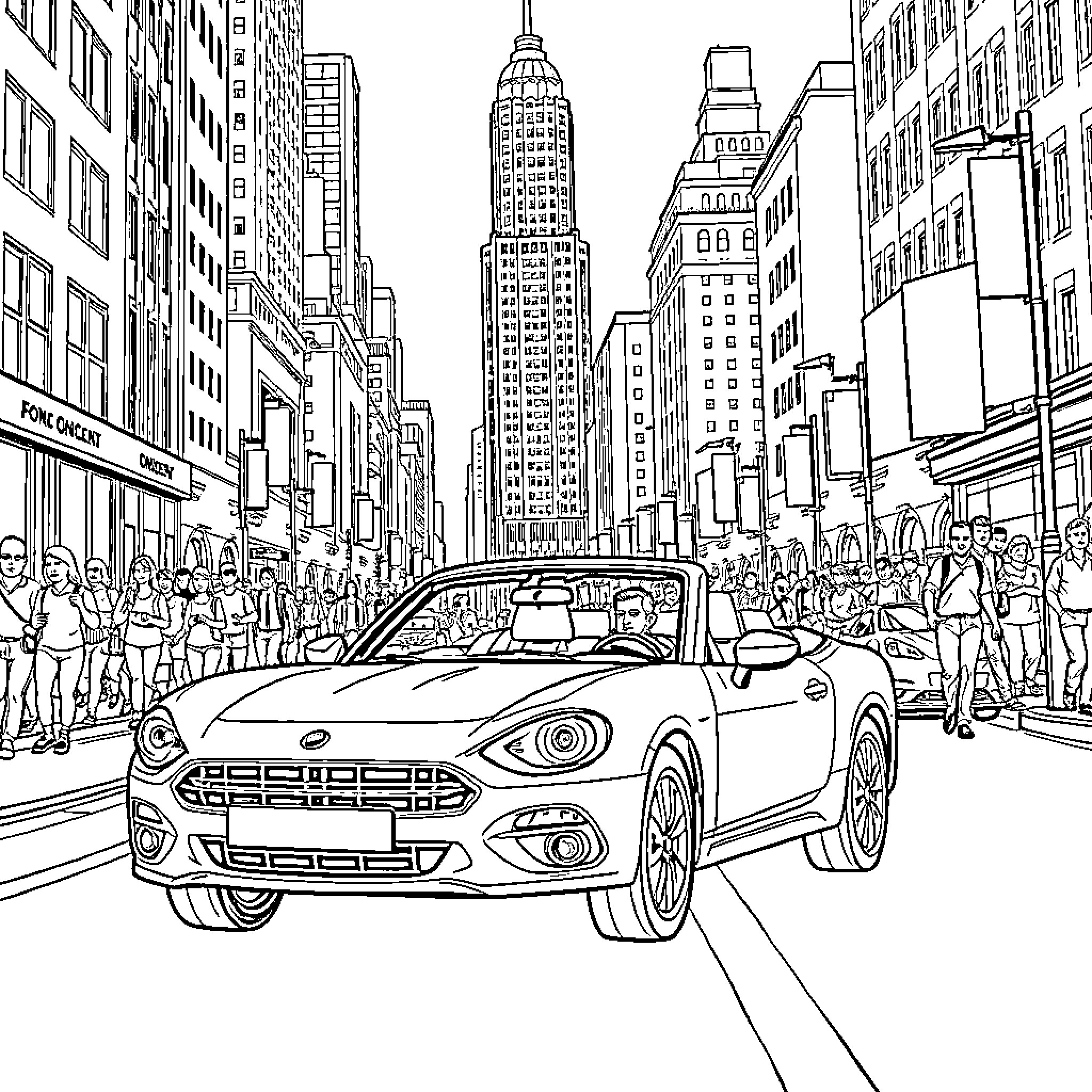 Fiat sports car driving through crowded urban cityscape Coloring Page (free black-and-white line drawing printable PDF for all, from beginners to advanced learners, including children, teens, adults, and seniors)