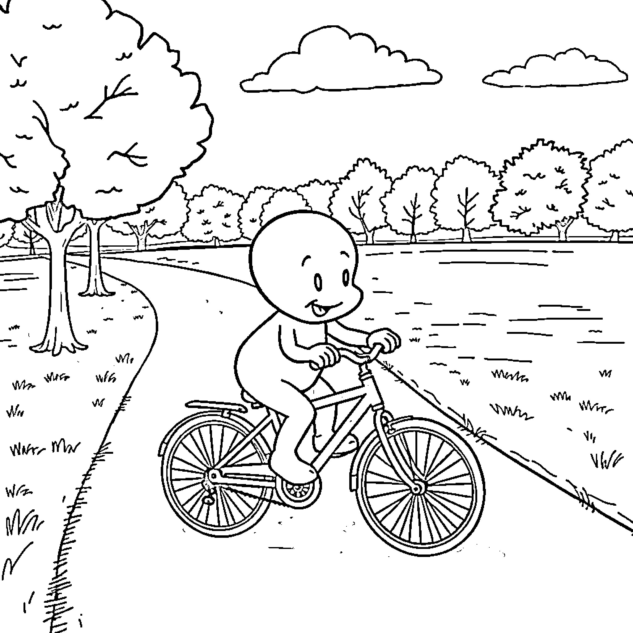 Casper's Bicycle Adventure in the Park Coloring Page (free black-and-white line drawing printable PDF for all, from beginners to advanced learners, including children, teens, adults, and seniors)