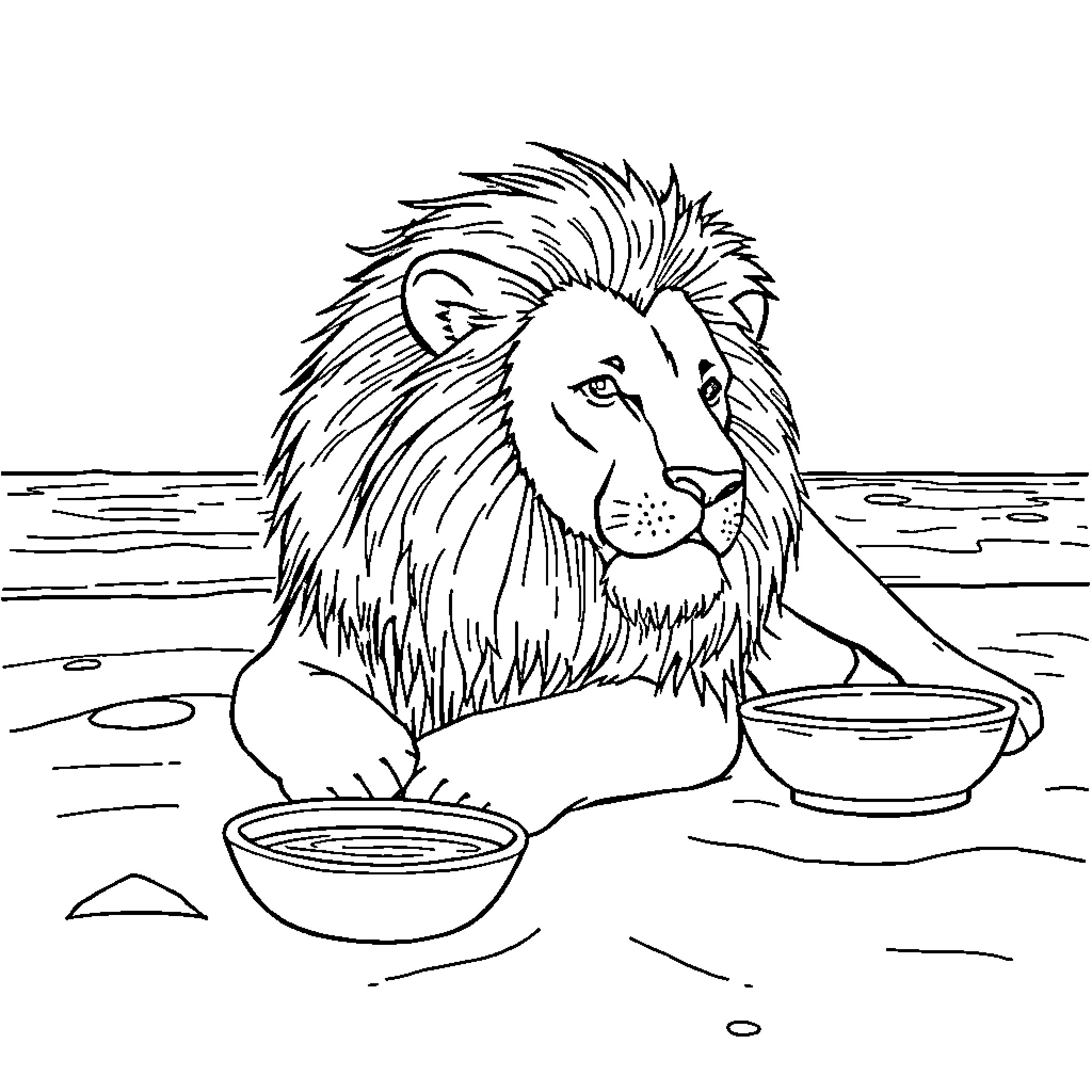 Lion relaxing by the watering hole Coloring Page (free black-and-white line drawing printable PDF for all, from beginners to advanced learners, including children, teens, adults, and seniors)