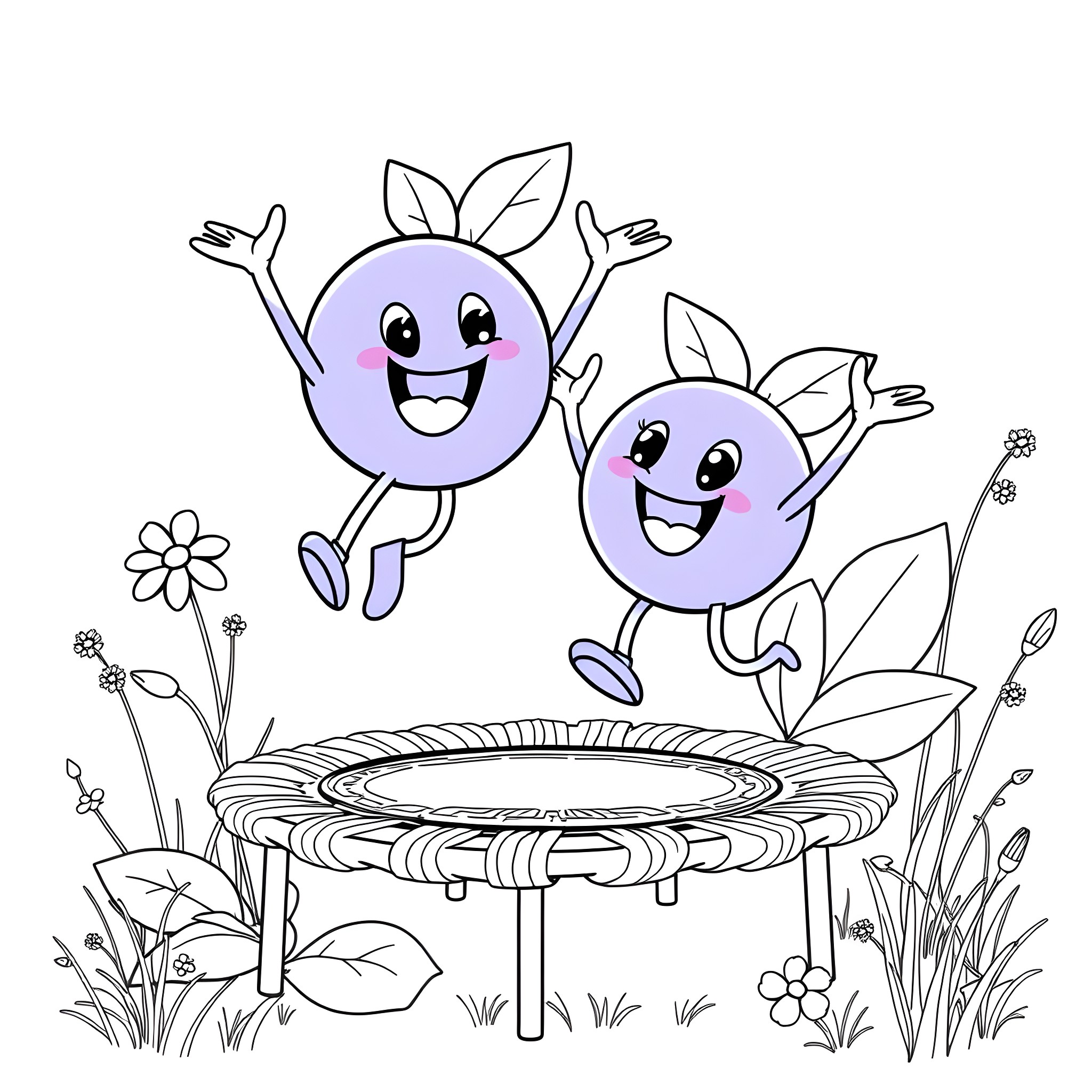 Blueberry friends jumping happily on a trampoline Coloring Page (free black-and-white line drawing printable PDF for all, from beginners to advanced learners, including children, teens, adults, and seniors)