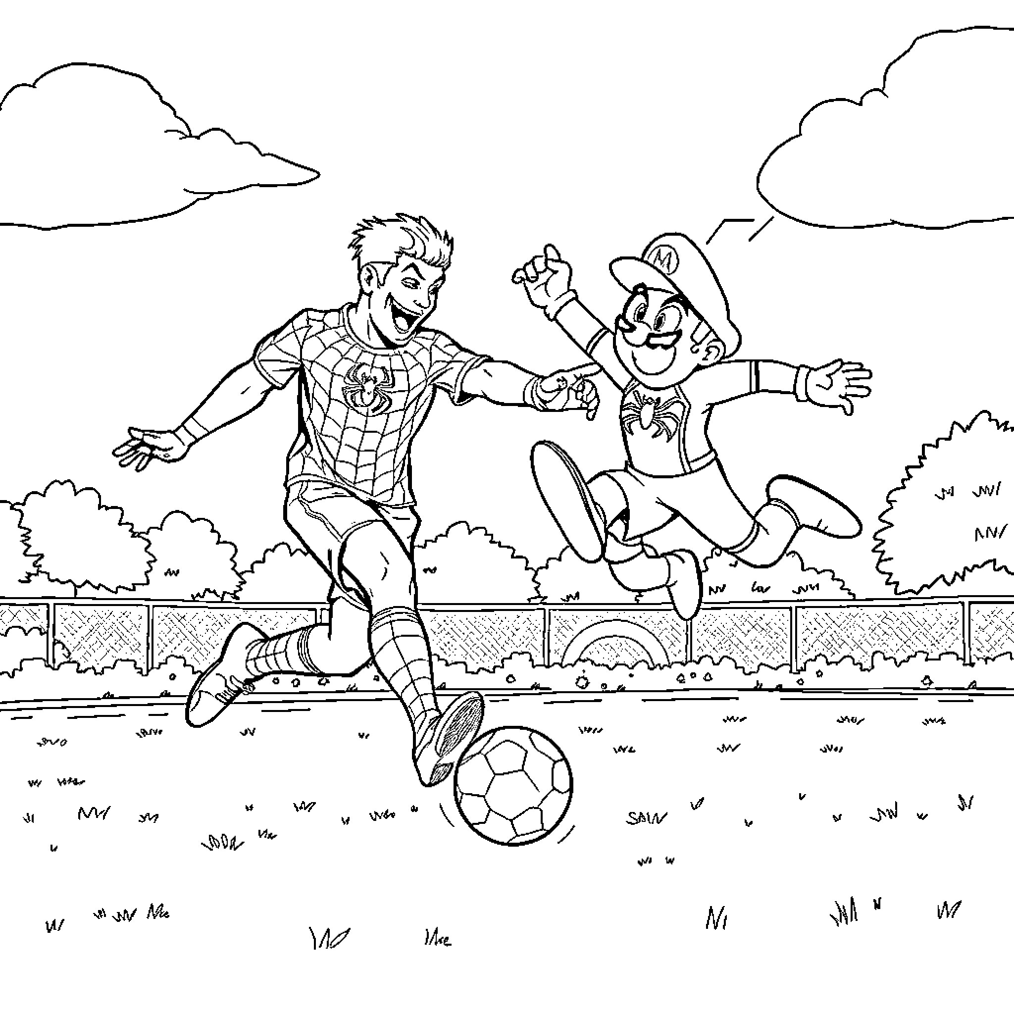 Futbolista - Two football players in action on the field Coloring Page (free black-and-white line drawing printable PDF for all, from beginners to advanced learners, including children, teens, adults, and seniors)