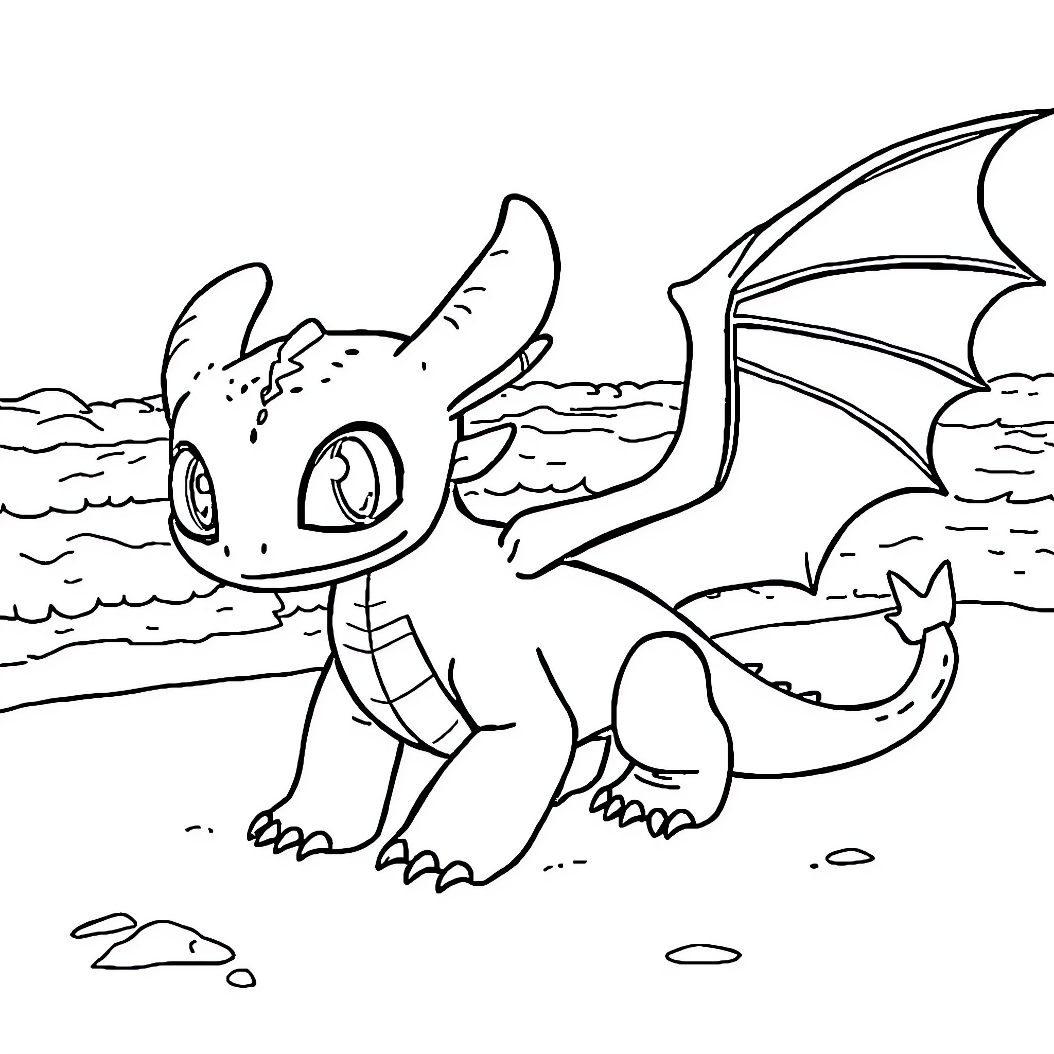 Toothless soaring gracefully in the seascape Coloring Page (free black-and-white line drawing printable PDF for all, from beginners to advanced learners, including children, teens, adults, and seniors)