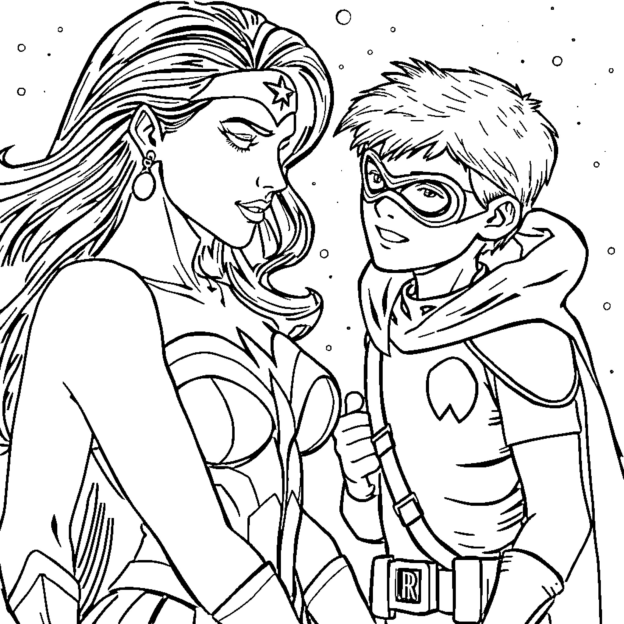 Wonder Woman and Robin in Superhero Adventure Coloring Page (free black-and-white line drawing printable PDF for all, from beginners to advanced learners, including children, teens, adults, and seniors)