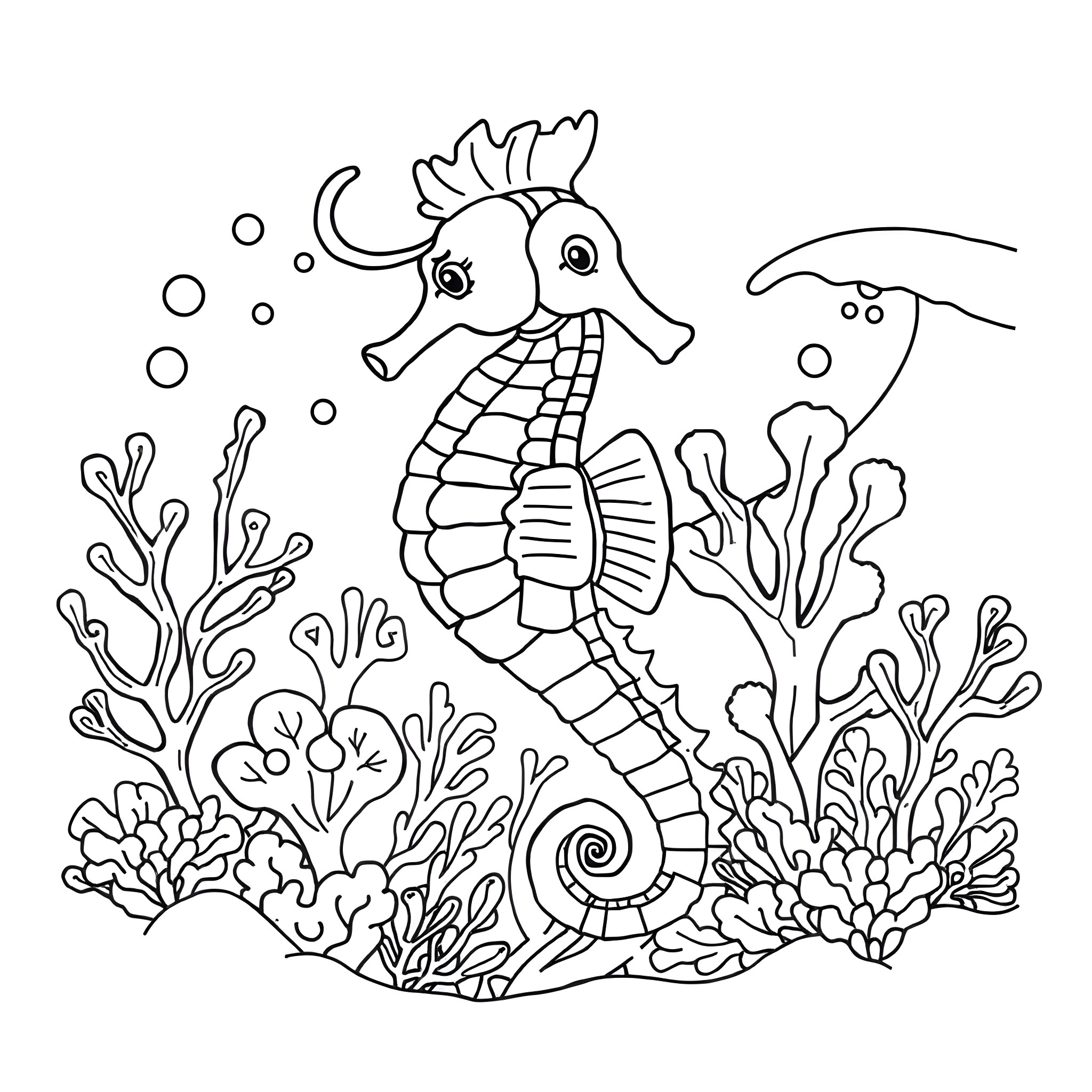 Unicorn Seahorse Swimming Among Coral Reef Coloring Page (free black-and-white line drawing printable PDF for all, from beginners to advanced learners, including children, teens, adults, and seniors)