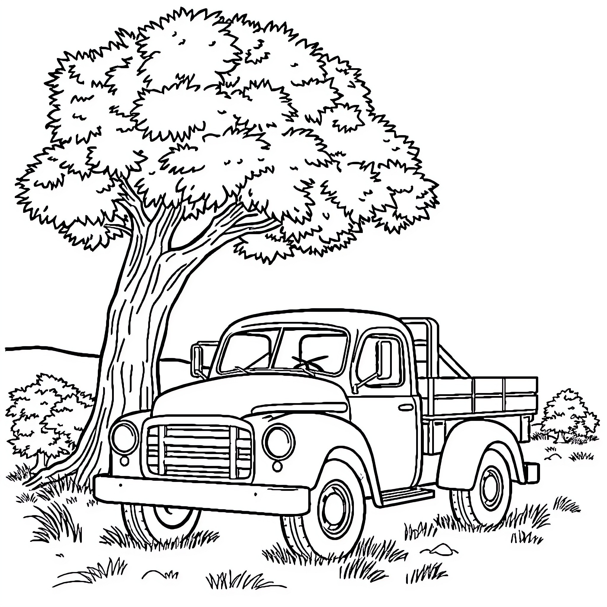 Truck parked under a large tree Coloring Page (free black-and-white line drawing printable PDF for all, from beginners to advanced learners, including children, teens, adults, and seniors)