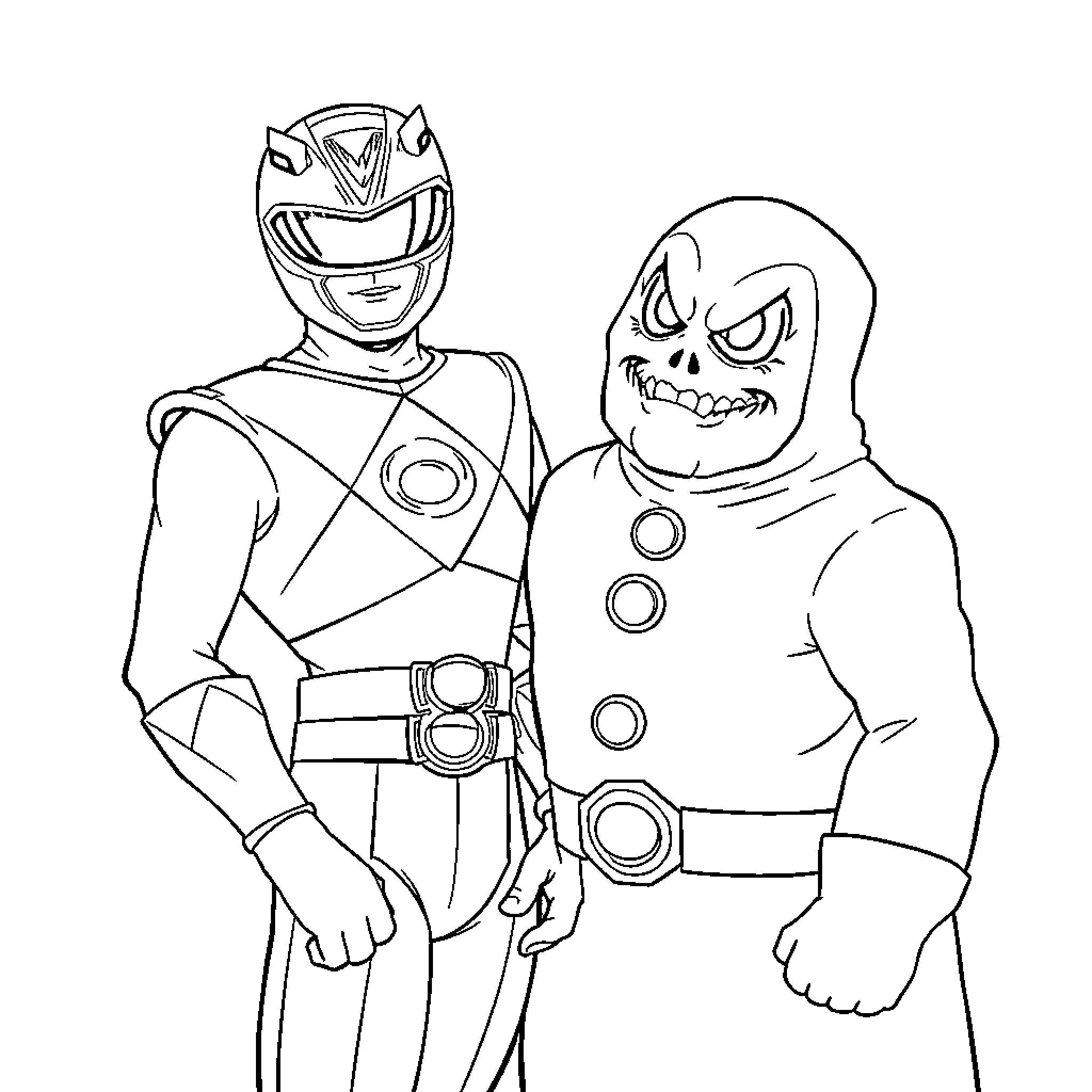 Power Ranger Heroic Duo in Action Coloring Page (free black-and-white line drawing printable PDF for all, from beginners to advanced learners, including children, teens, adults, and seniors)