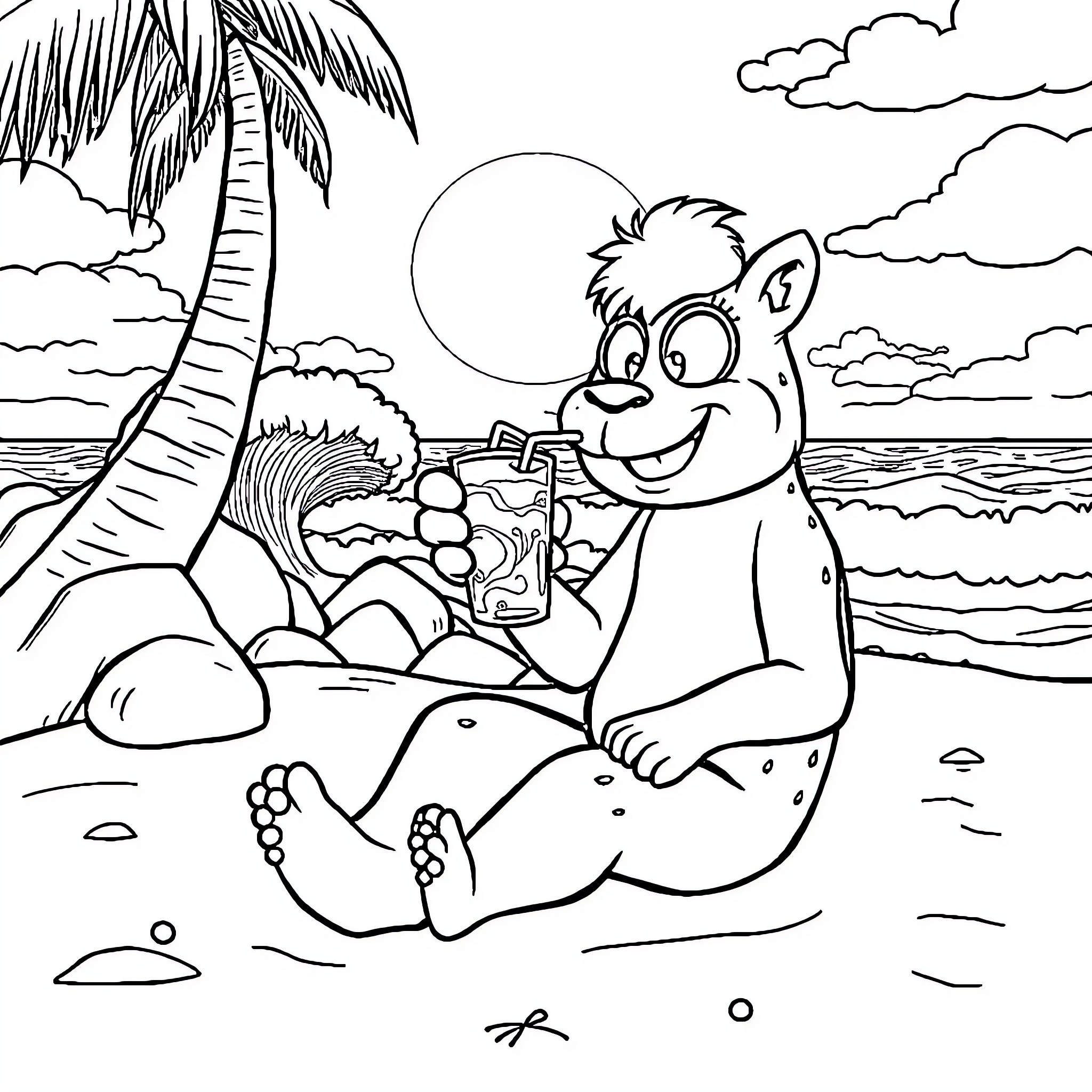 Labubu relaxing with a refreshing drink on the beach Coloring Page (free black-and-white line drawing printable PDF for all, from beginners to advanced learners, including children, teens, adults, and seniors)