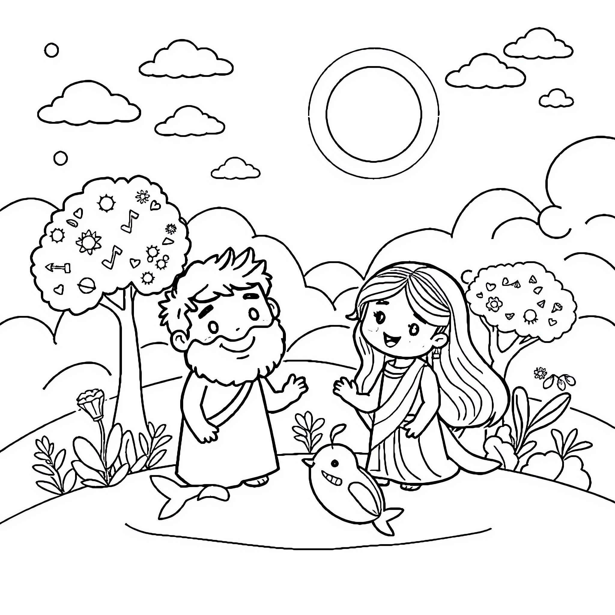 Creation of a Whimsical Garden Scene Coloring Page (free black-and-white line drawing printable PDF for all, from beginners to advanced learners, including children, teens, adults, and seniors)