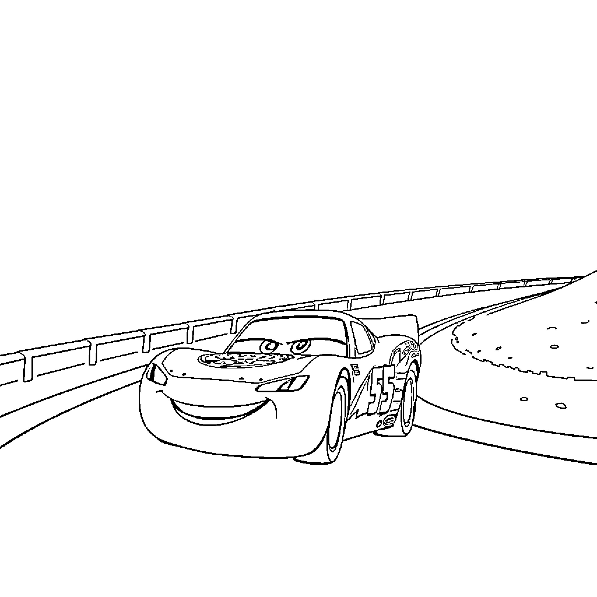 Lightning McQueen racing on the highway Coloring Page (free black-and-white line drawing printable PDF for all, from beginners to advanced learners, including children, teens, adults, and seniors)