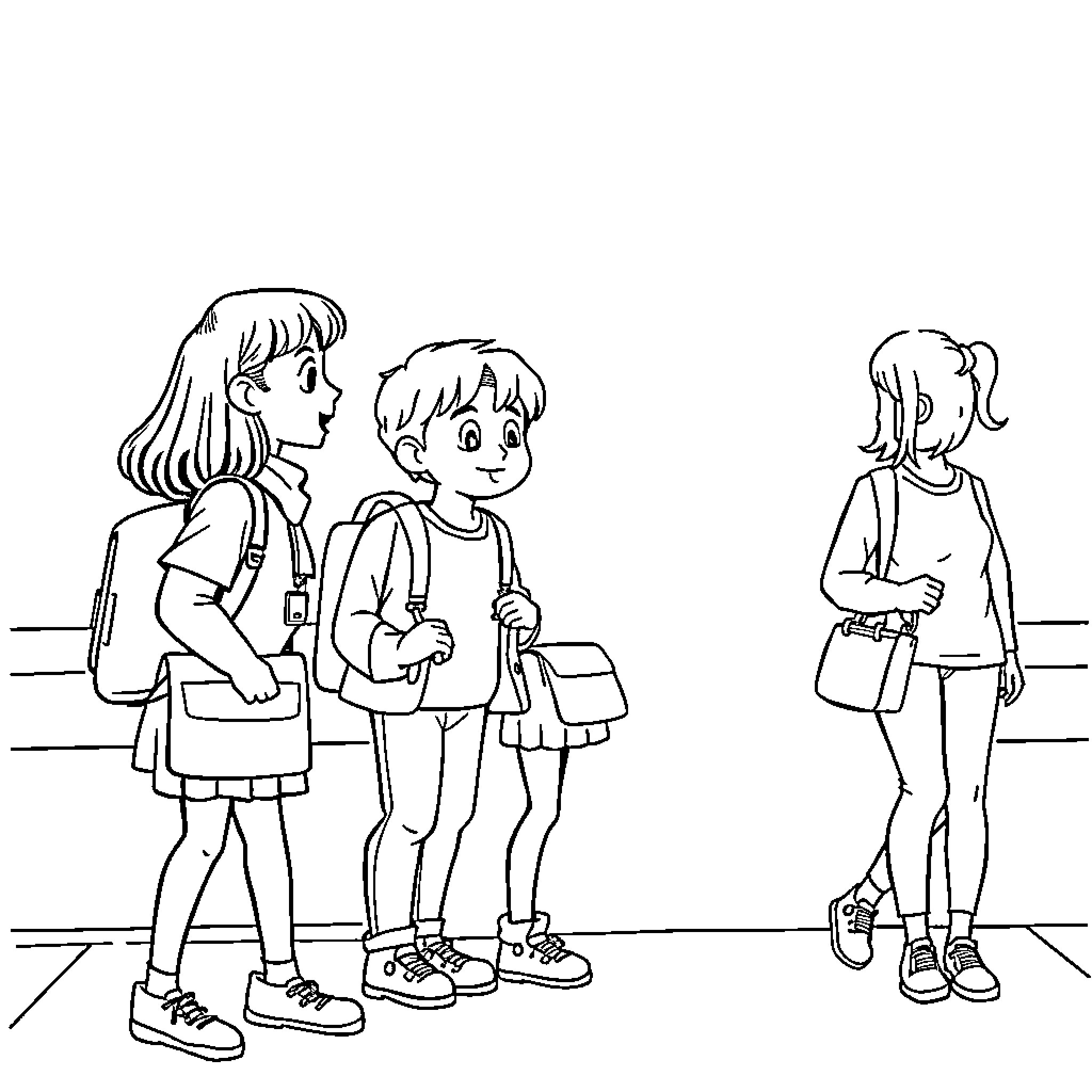 Gabychat: Children chatting and walking together Coloring Page (free black-and-white line drawing printable PDF for all, from beginners to advanced learners, including children, teens, adults, and seniors)