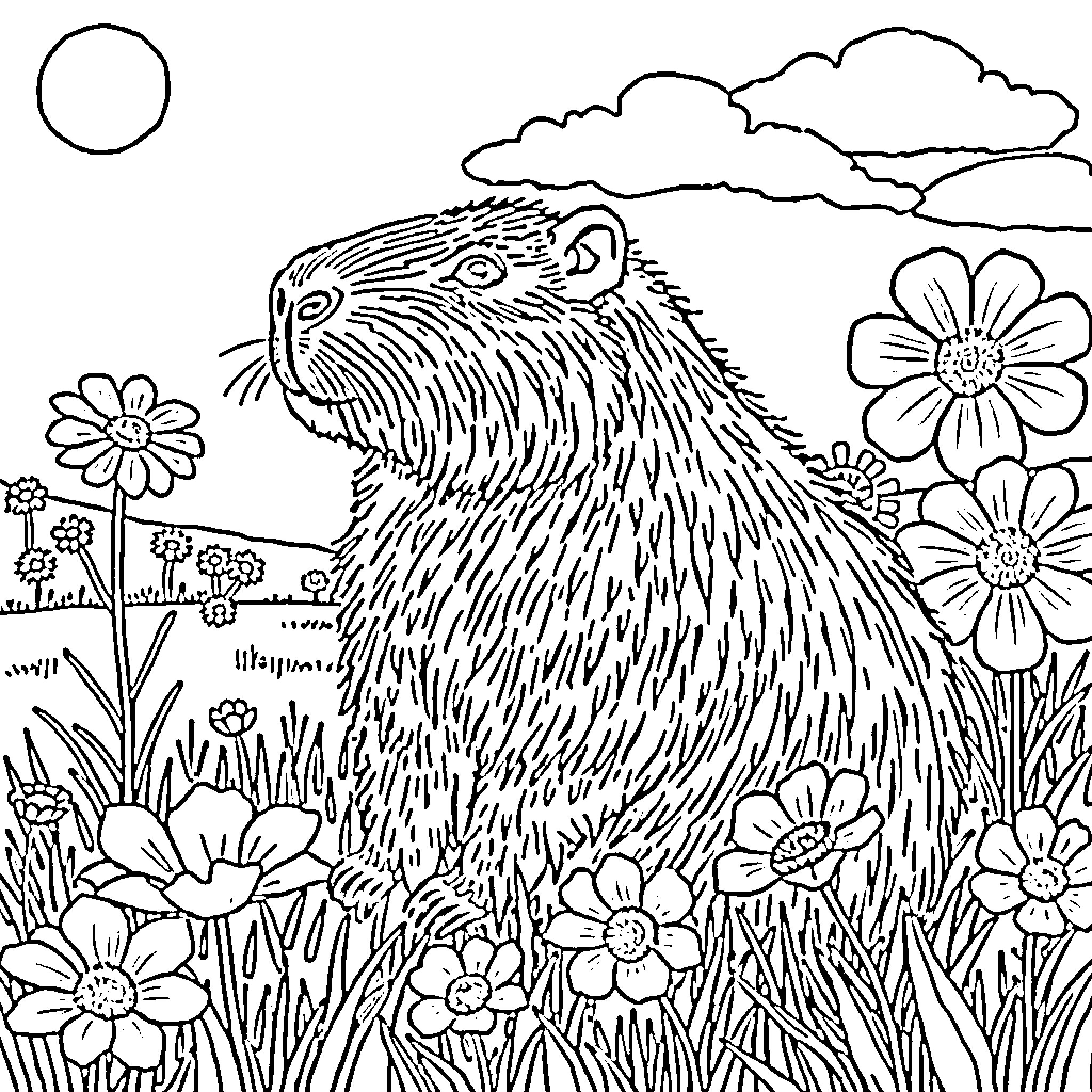 Capybara surrounded by beautiful flowers in nature Coloring Page (free black-and-white line drawing printable PDF for all, from beginners to advanced learners, including children, teens, adults, and seniors)