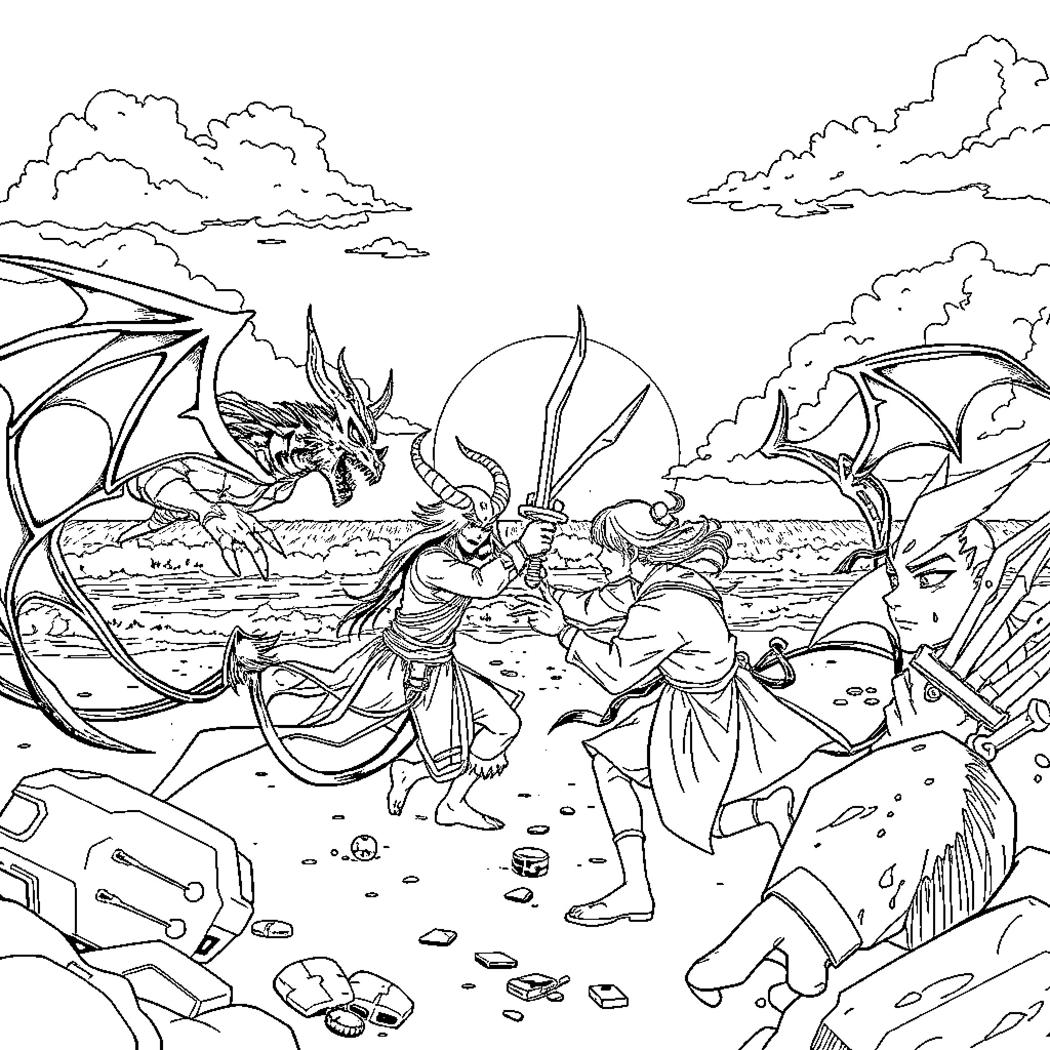 Demon Hunter facing fearsome dragons in epic battle Coloring Page (free black-and-white line drawing printable PDF for all, from beginners to advanced learners, including children, teens, adults, and seniors)
