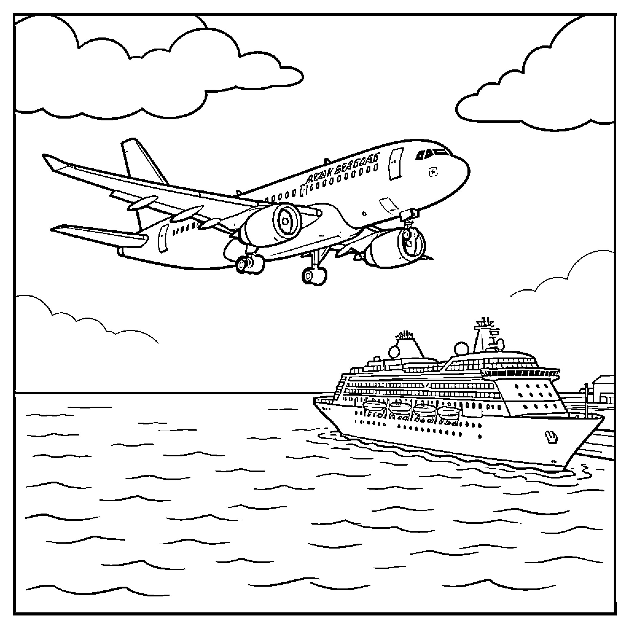 Avión volando sobre un gran crucero en el mar Coloring Page (free black-and-white line drawing printable PDF for all, from beginners to advanced learners, including children, teens, adults, and seniors)